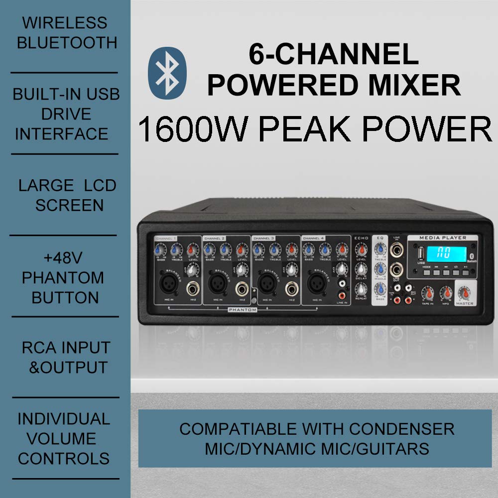 Proreck Mx10 1600W 6 Channel Powered Bluetooth Mixer With 10Inch Passive Speakers Pa System Mixer/Amp/Stands/Mic