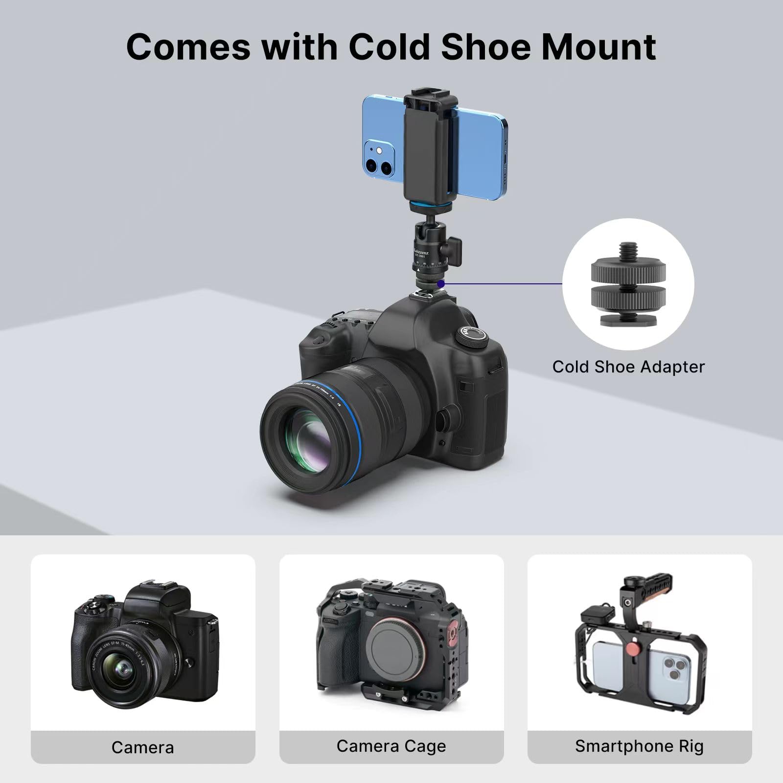 Kaitezenz Mini Ball Head, Panoramic Camera Tripod Head With 1/4'' Screw And Dual Hot Shoe Mount, 360 Rotatable Metal Adapter For