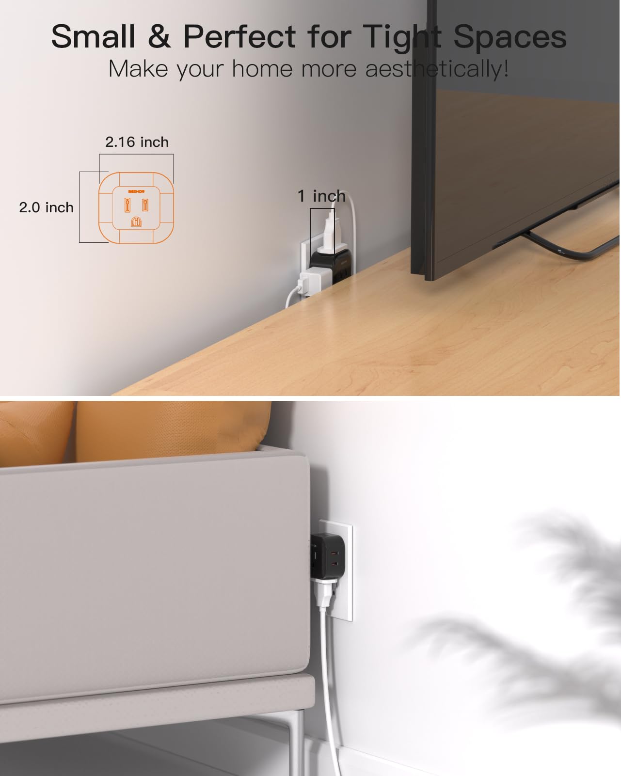 Black Multi Plug Outlet Extender 2 Pack, Wall Outlet Splitter With 5 Wall Outlets, Small Multiple Plug Extender, Cruise Essentia