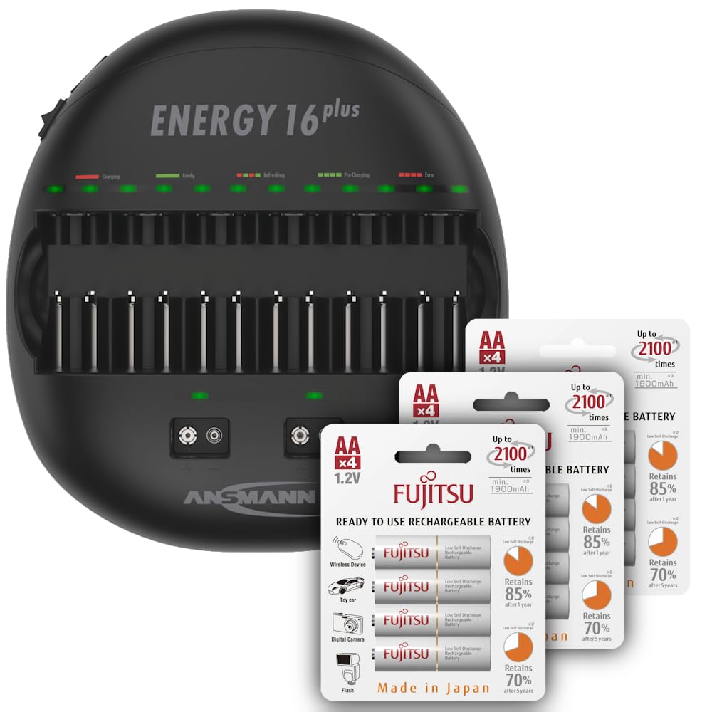 ANSMANN Individual Cell Battery Charger Energy 16 Plus for NiMH Rechargeable Batteries AAA, AA, C, D, 9V with USB Port, Includes