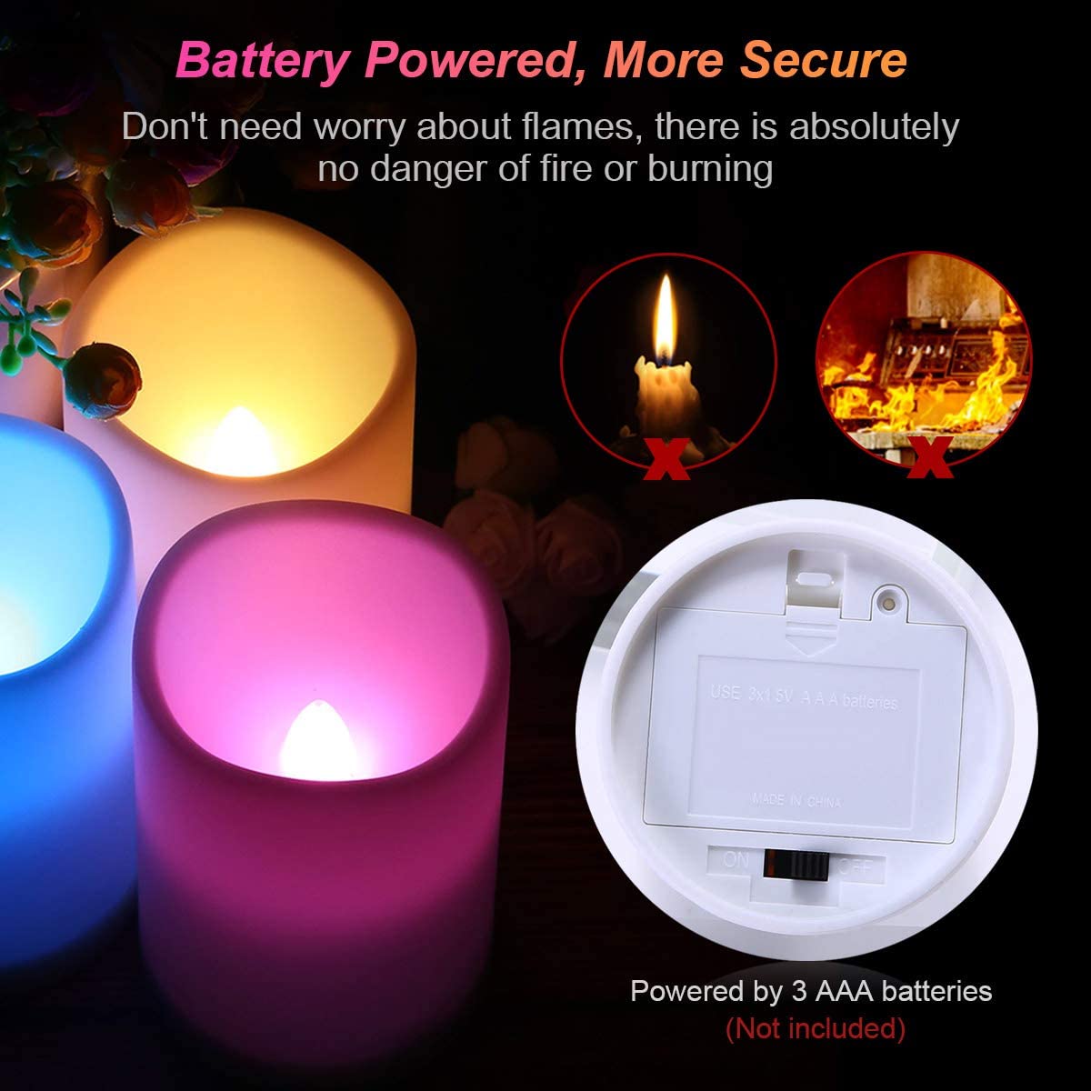 Kobwa Led Flickering Flameless Candles With Color Changing, Remote Control And Auto Off Timer, 100 Hours Working Time, Battery O