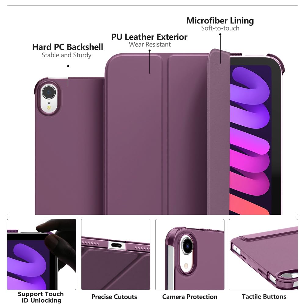 MoKo for iPad Mini 7 (A17 Pro) Case 2024,iPad Mini 6 Case 2021,8.3 inch iPad Mini 7th/6th Generation Case,Slim Lightweight Hard Back Shell Stand Cover for iPad Mini 2024 with Touch ID, Dark Purple