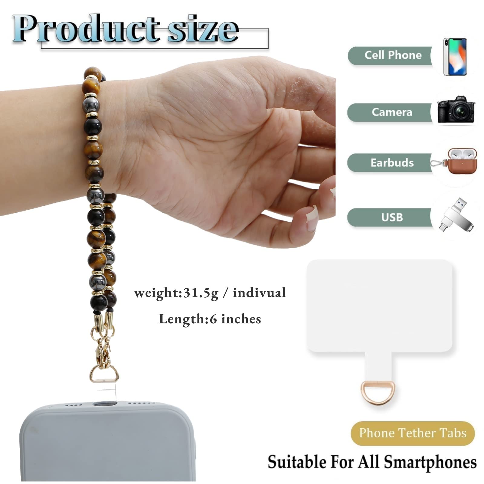 Lostars Marble Beaded Iphone Wrist Strap,Detachable Phone Bracelet Strap With Tether Tab,Hands Free Phone Wristlet Strap (Yellow