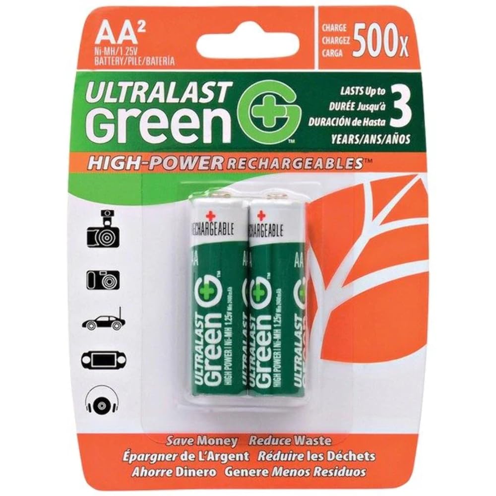 Ultralast ULGHP2AA AA Green High-Power Rechargeable Batteries, 2-pack