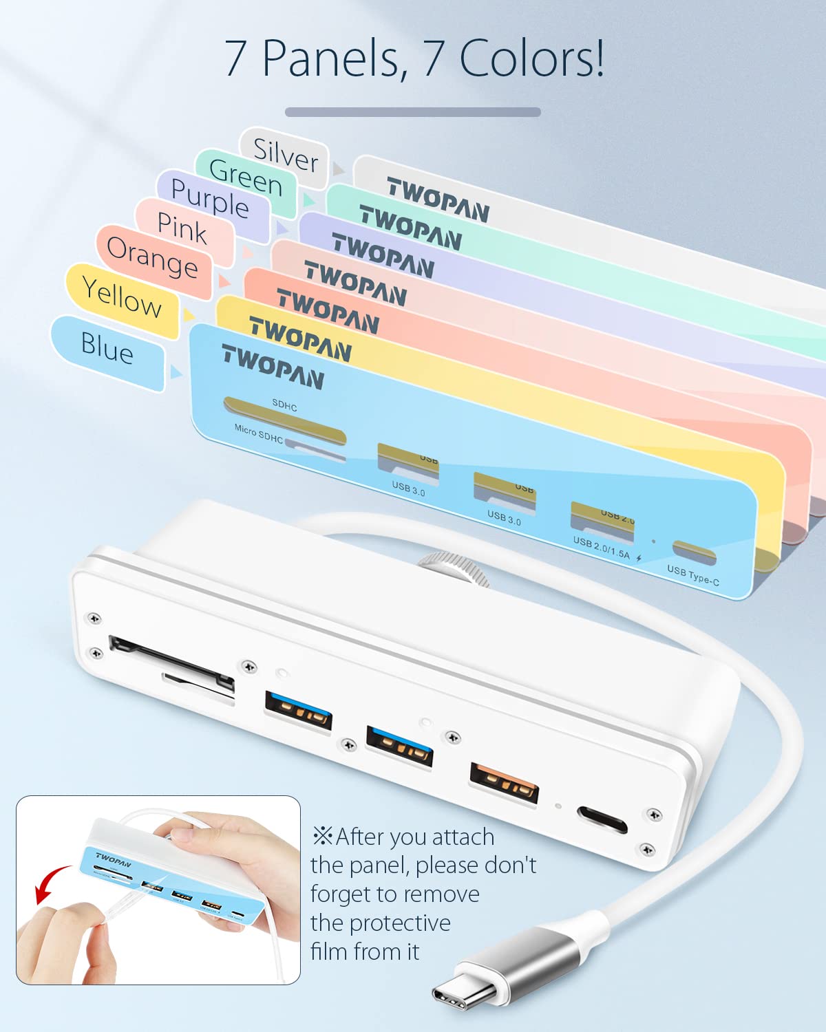 Twopan Usb C Hub Multiport Adapter For Imac, 6 In 1 Usb C To Usb Adapter Imac 2024/2023/2021 Imac M4/M3/M1, Usb Port Hub With Usb 3.0 Ports, Sd, Microsd Card Readers & 7 Color Panels