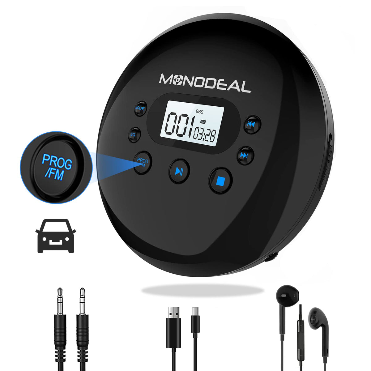 Cd Player Portable, Monodeal Portable Cd Player With Fm Transmitter, Rechargeable Cd Player For Car For Home Travel With Anti Skip Protection Compact Cd Player Walkman With Headphones