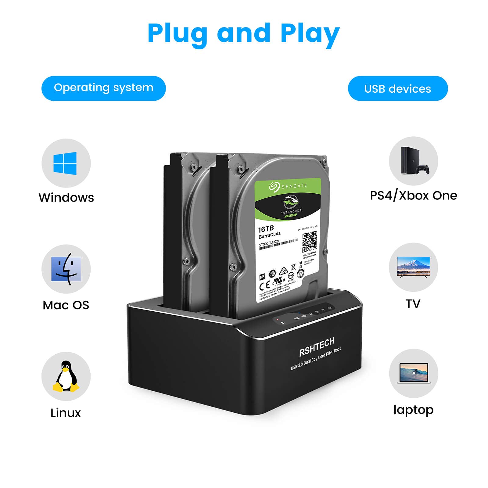 RSHTECH Hard Drive Dock - USB 3.0 Dual Bay SATA Docking Station for 2.5 & 3.5 inch HDD/SSD, Offline Clone, Black, Model RSH