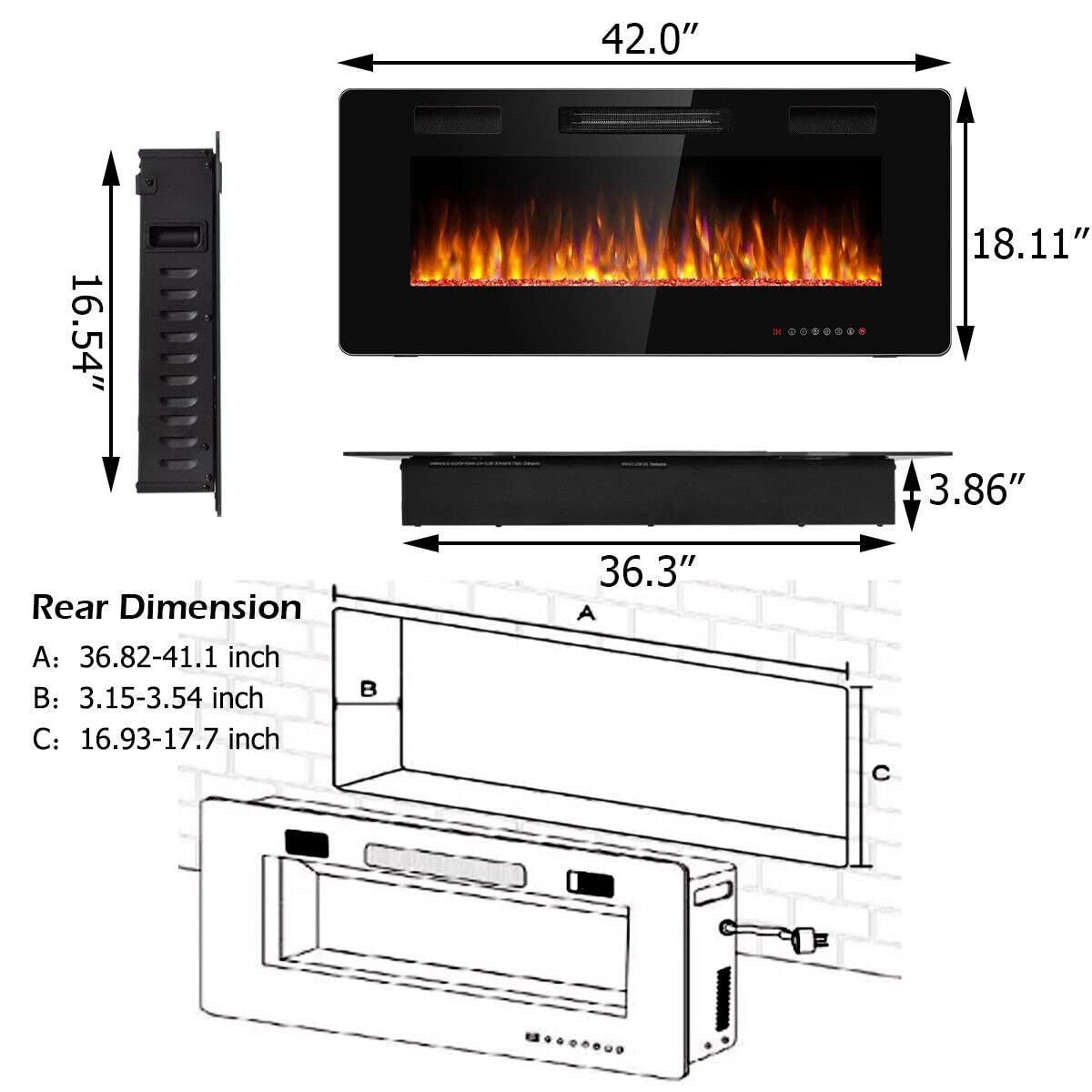 Tangkula 42 Inches Recessed Electric Fireplace, In Wall & Wall Mounted Electric Heater With Adjustable Flame Color & Speed, Remo