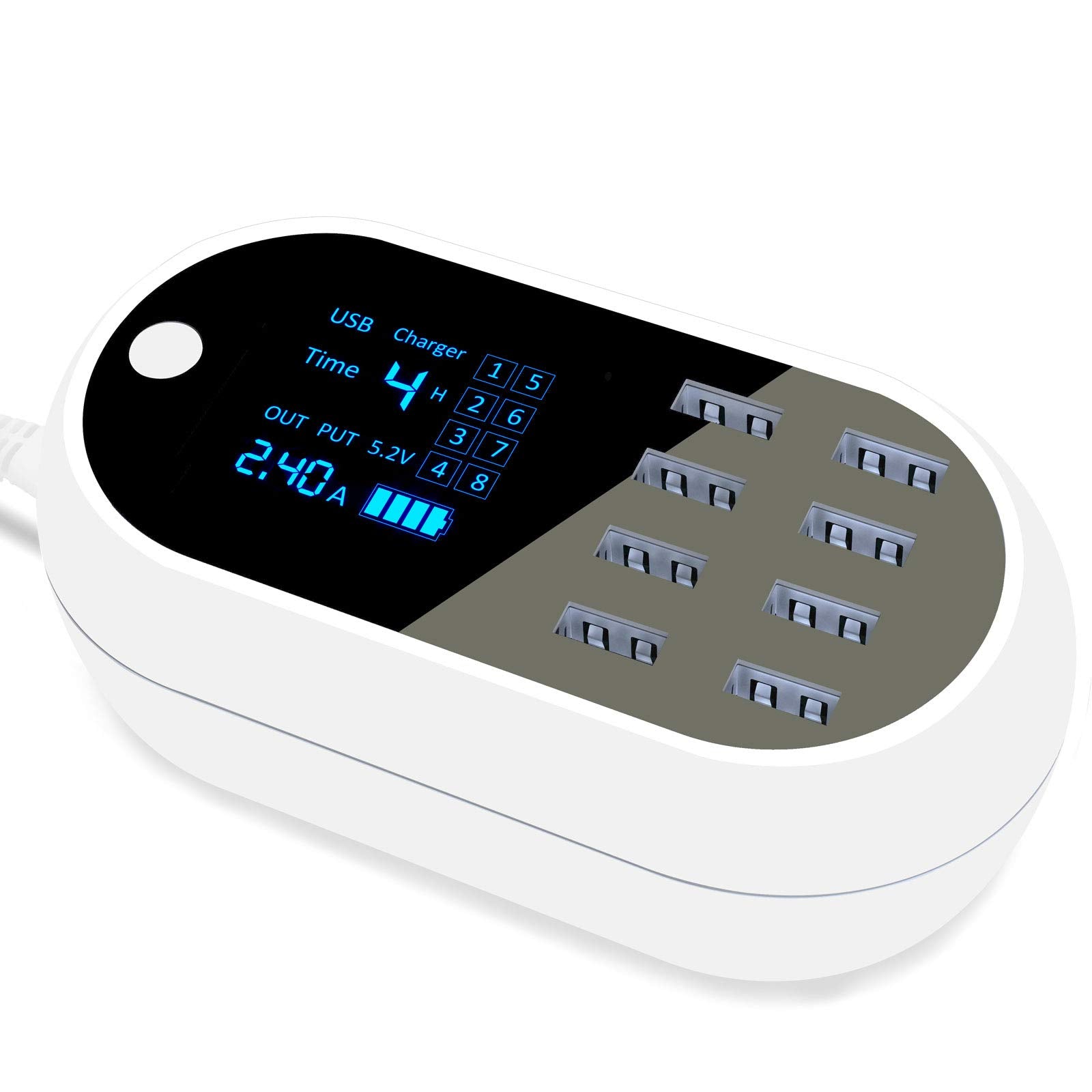 60W/12A 8-Port Charging Station Multiple USB, Multi Port USB Charging Hub with LCD for Multiple Devices Smart Phones, Tablet and