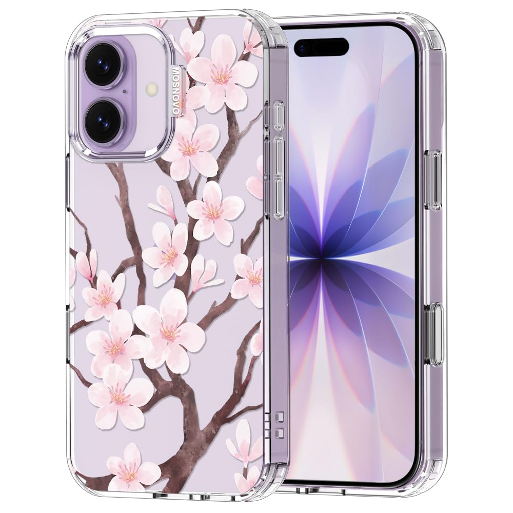 MOSNOVO for iPhone 17 Case | Military Grade 6.6ft Drop Tested | Camera Control | Clear with Cherry Blossom Design