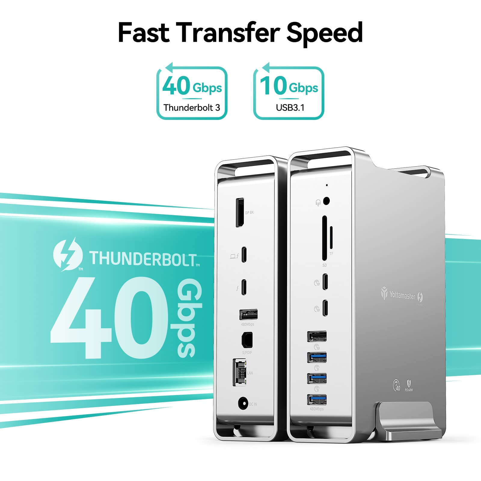 Yottamaster 40Gbps Usb C Docking Station Compatible With Thunderbolt 3, 15 In 1 Usb C Dock For Dual 4K Display, Displayport, 65W