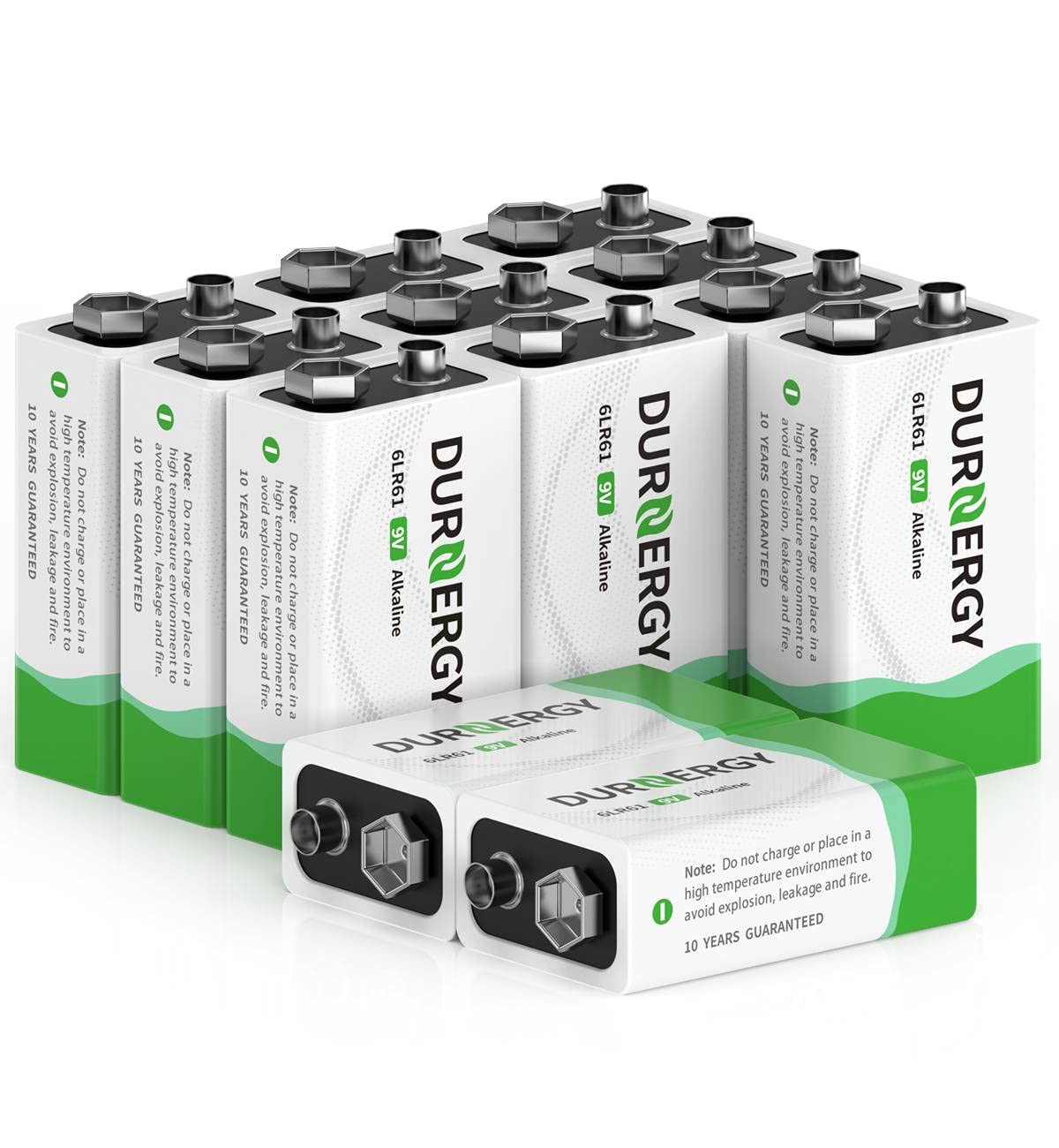 Durnergy 9V Batteries 12 Pack, 10 Year Shelf Life, 9V Battery For Smoke Detector, 9 Volt Power Supply For Guitar Pedals, Square