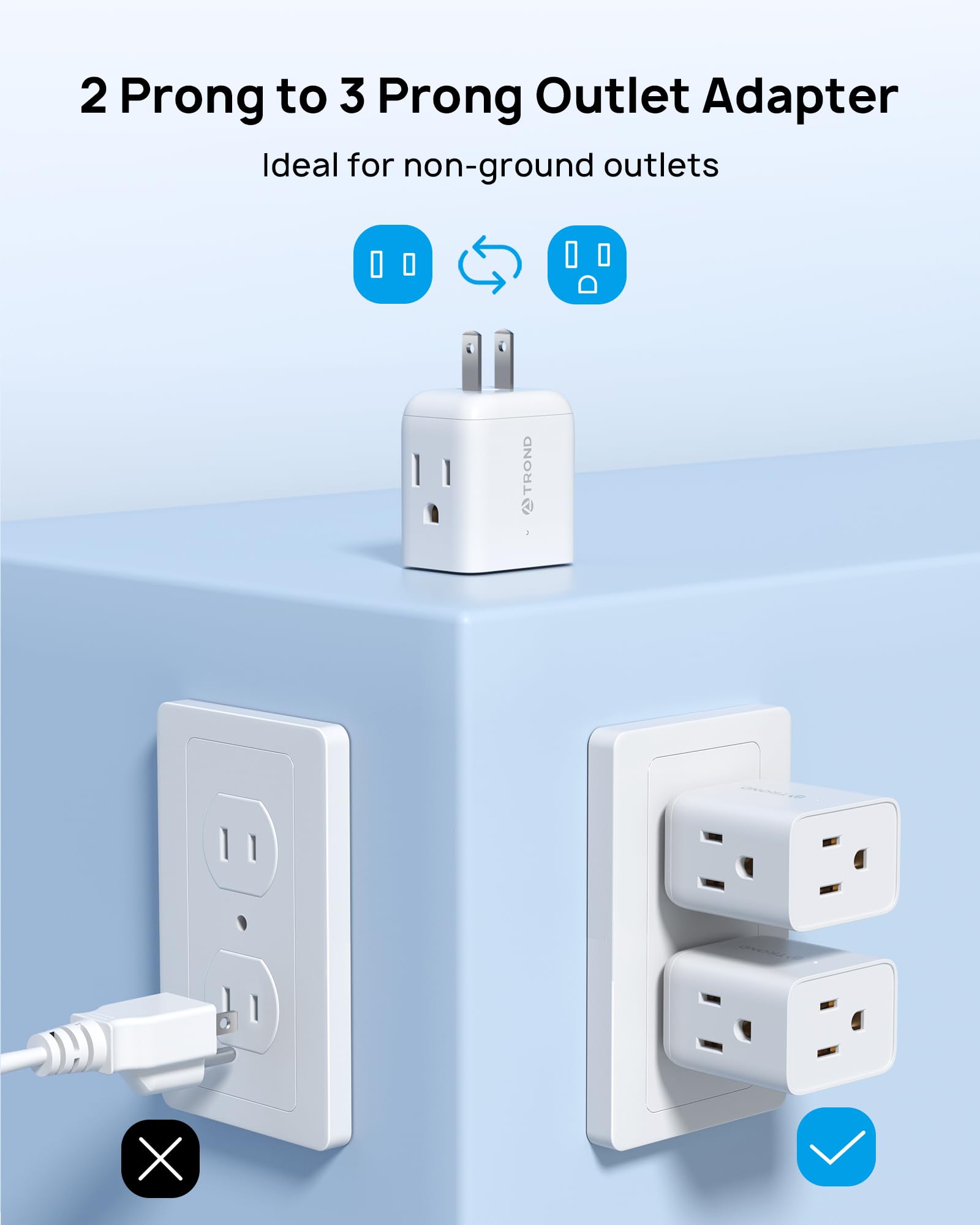 Trond 2 Prong To 3 Prong Outlet Adapter, Multi Plug Wall Outlet Extender, 3 Way Plug Splitter, Horizontal Wall Expander For Non