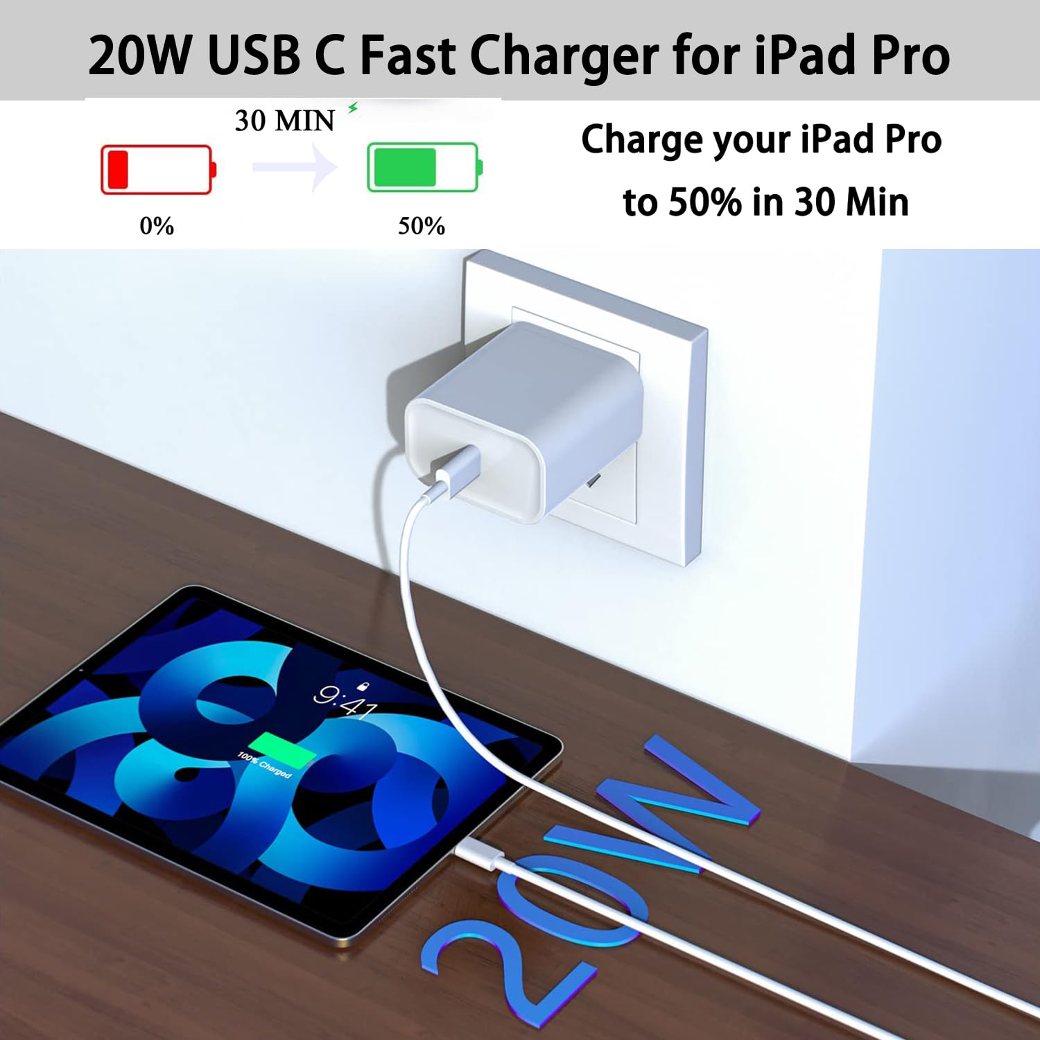 Fast Ipad Charger,Ipad Charger Fast Charging Wall Charger Plug Adapter And Type C Usb C To C Cable Cord 10Ft Type C To C For Ipa