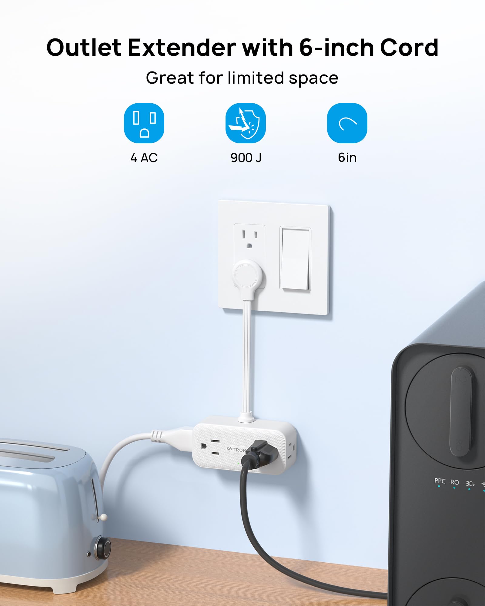 Trond Outlet Extender With 6 Inch Cord, Flat Plug Adapter With 4 Electrical Sockets, 900J Surge Protector, Wall Mountable, Multi