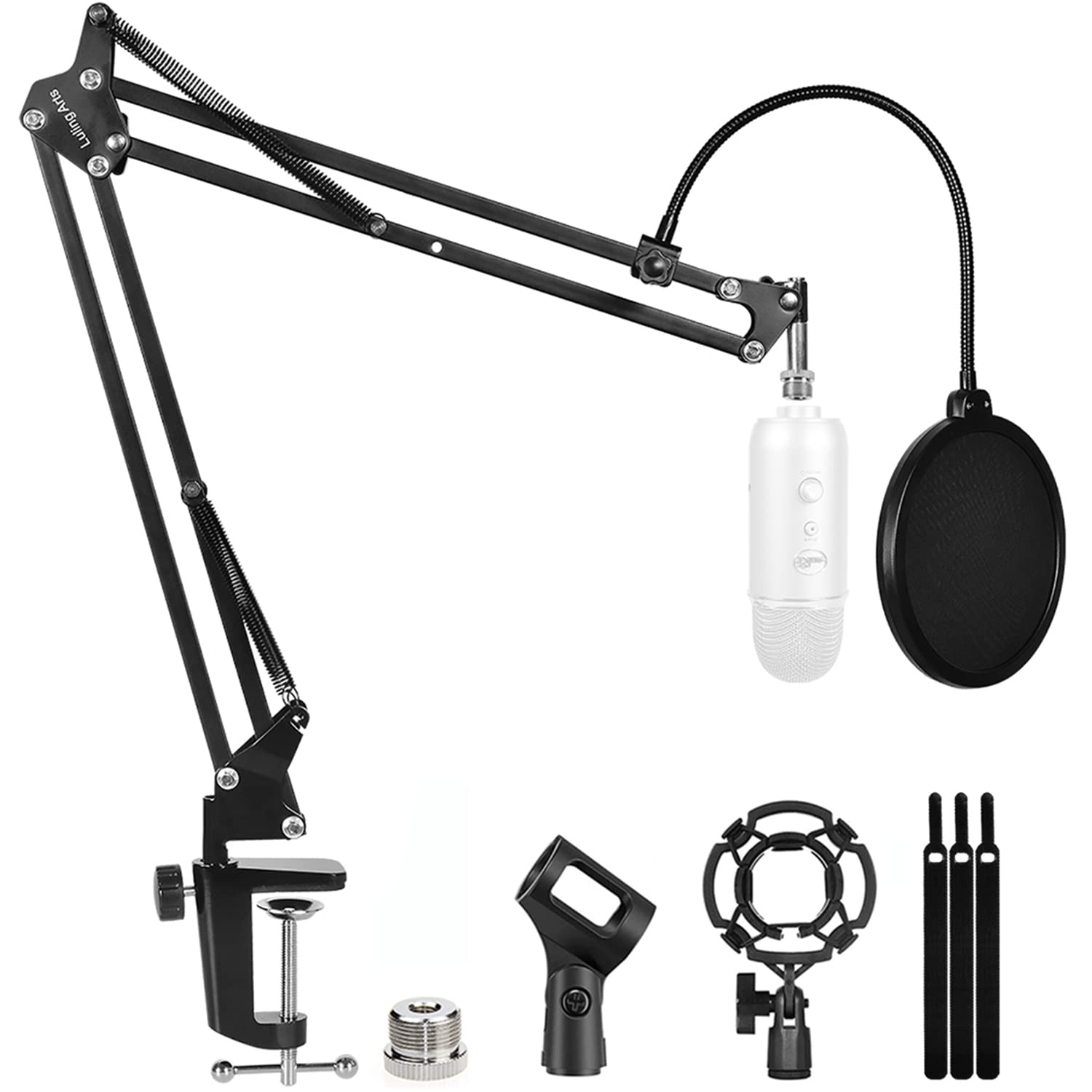 Microphone Stand for Blue Yeti, Boom Arm Scissor Mic Stand with Windscreen and Double layered screen Pop Filter Heavy Duty Mic B