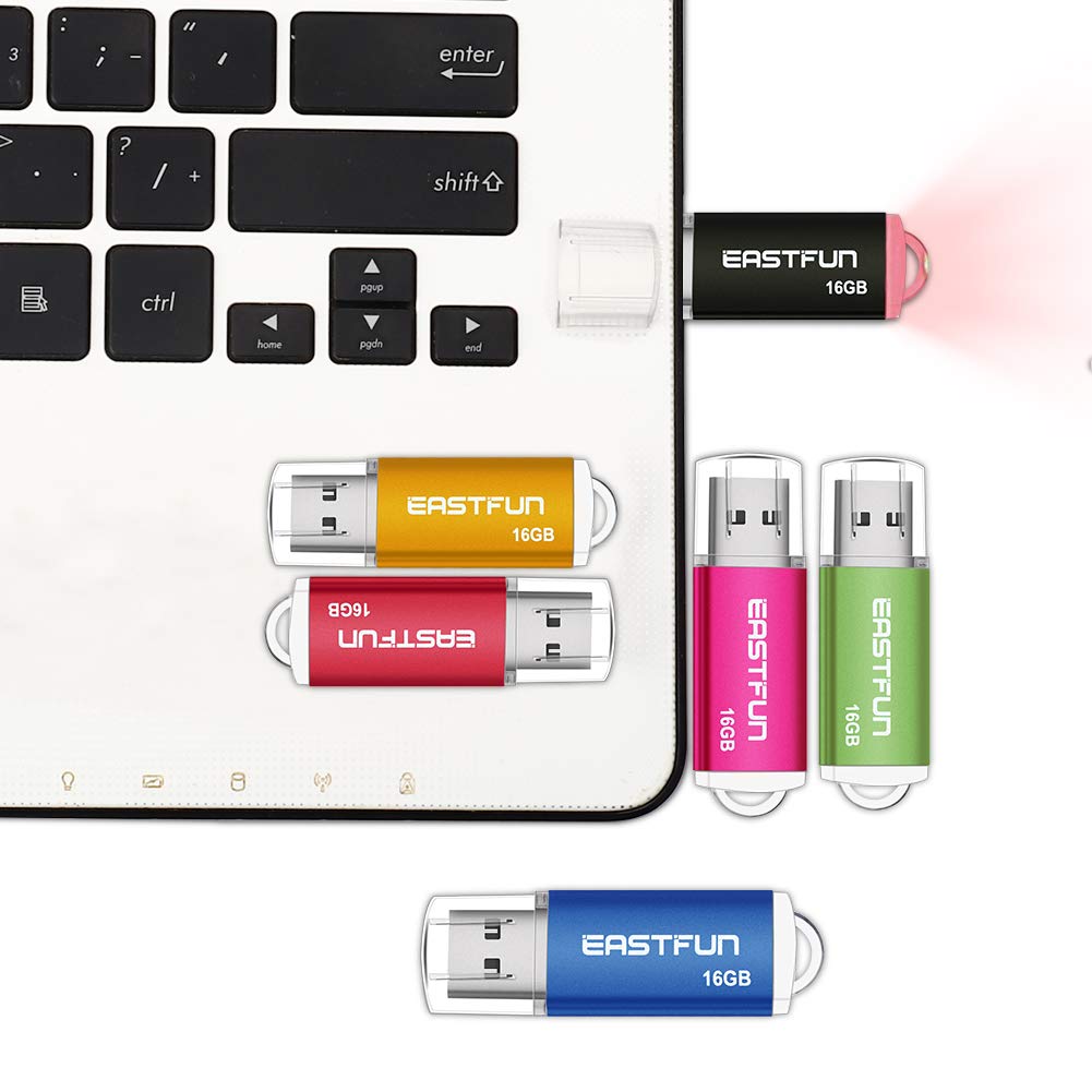 Eastfun 5 Pack 16Gb Usb 2.0 Flash Drive Memory Stick Thumb Drive Thumb Stick Jump Drive Zip Drive Pen Drive, With Led Indicator,5 Pcs Colors:Rose/Red/Black/Green/Blue