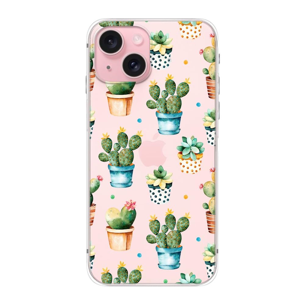 Blingy'S For Iphone 15 Case, Cute Cactus Pattern Fun Floral Succulents Design Transparent Soft Tpu Protective Clear Case 6.1 Inc