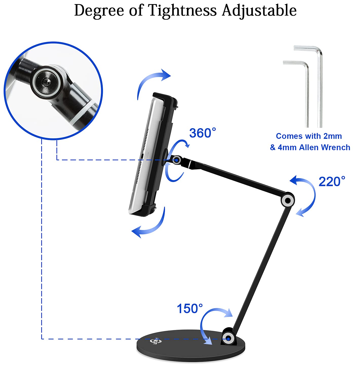 Kabcon Tablet Stand,Tightness Adjustable 360Rotatable Multi Angle Eye Level Aluminum Solid Long Arm Tablets Stands For Ipad Seri