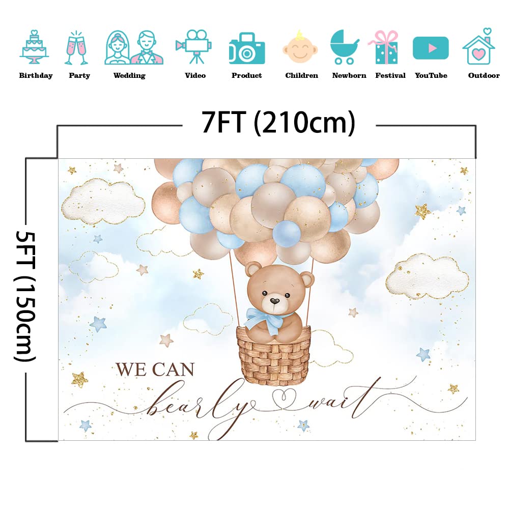 Mocsicka Blue Bear Hot Air Balloon Backdrop For Boy, Background We Can Bearly Wait Baby Shower Party Cake Table Decoration Photo
