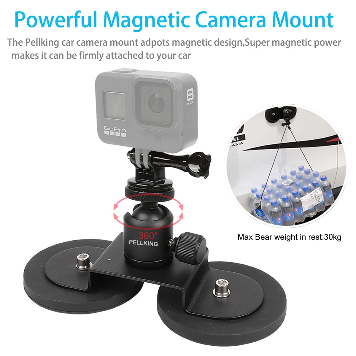 Pellking Magnet Camera Mount For Gopro,Heavy Duty Metal Car Powerful Magnetic Camera Mount With 360 Degree Rotation Ball Head For Car Body,Compatible With Gopro Hero 9 Black 8/7/6/5,Etc