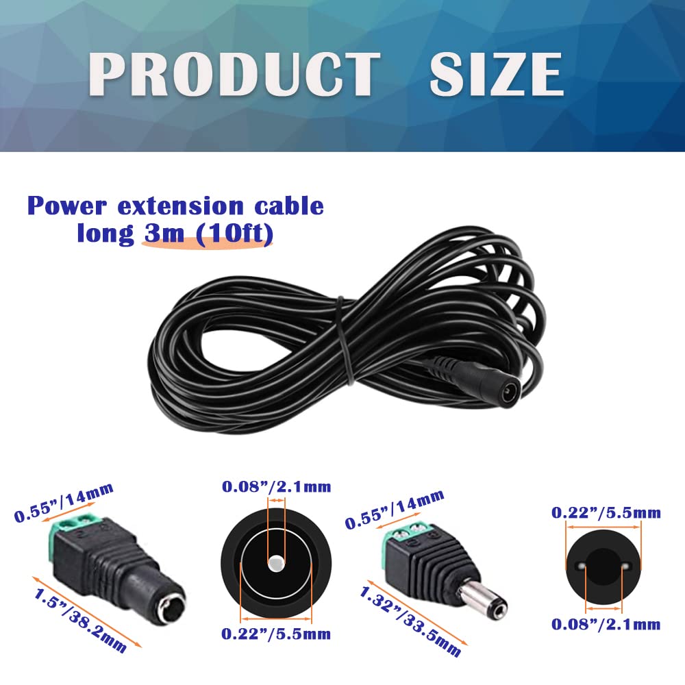 Hayeastdor 4Pcs 10Ft(3M) 12V Dc Power Extension Cable With Power Jack Adapter Connectors(2 X Male + 2 X Female) 5.5Mm X 2.1Mm Dc