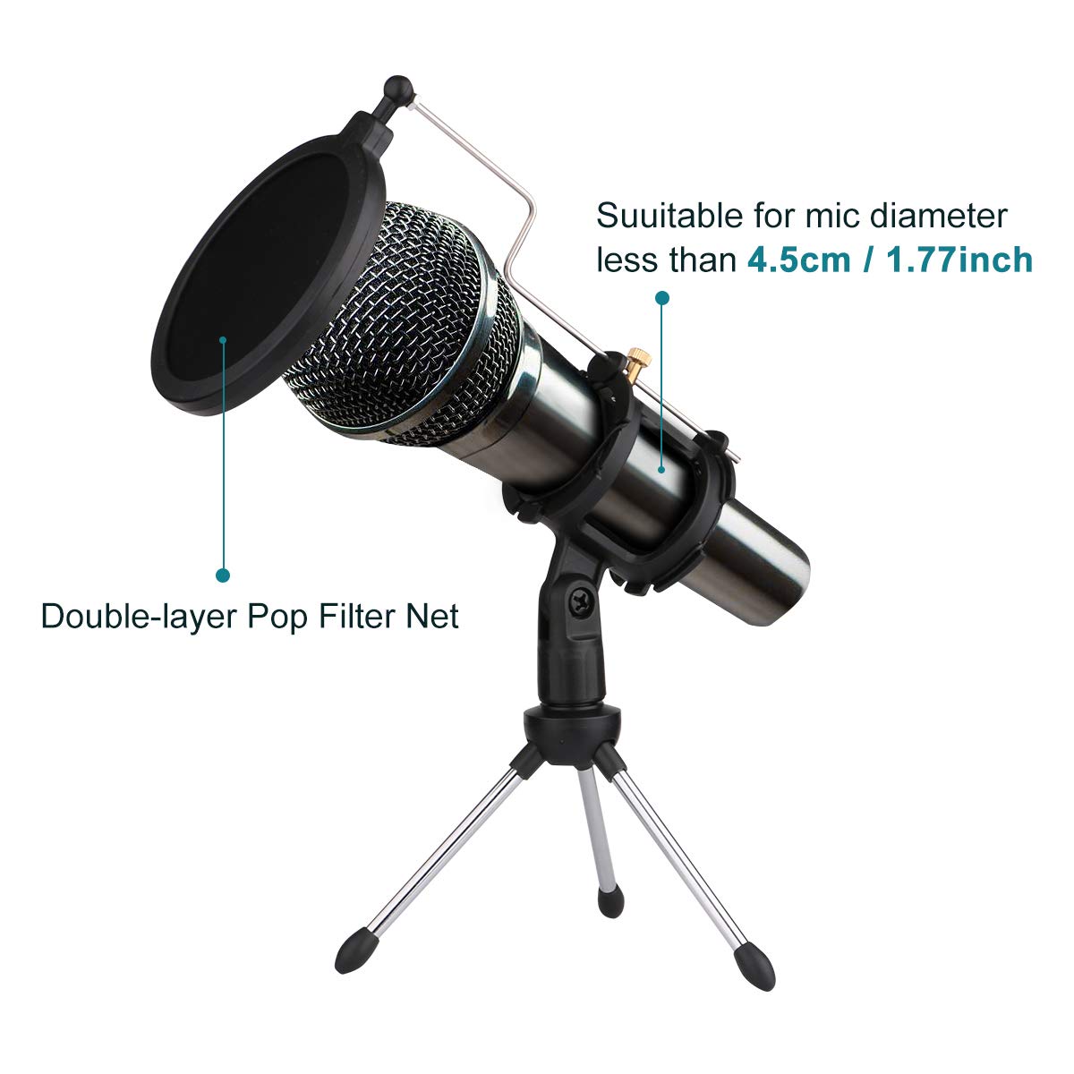 Dreokee Desktop Mic Stand, Microphone Stand Desk Tripod Stand With Shock Mount Portable Mic Holder And Double Non Slip Feet Net
