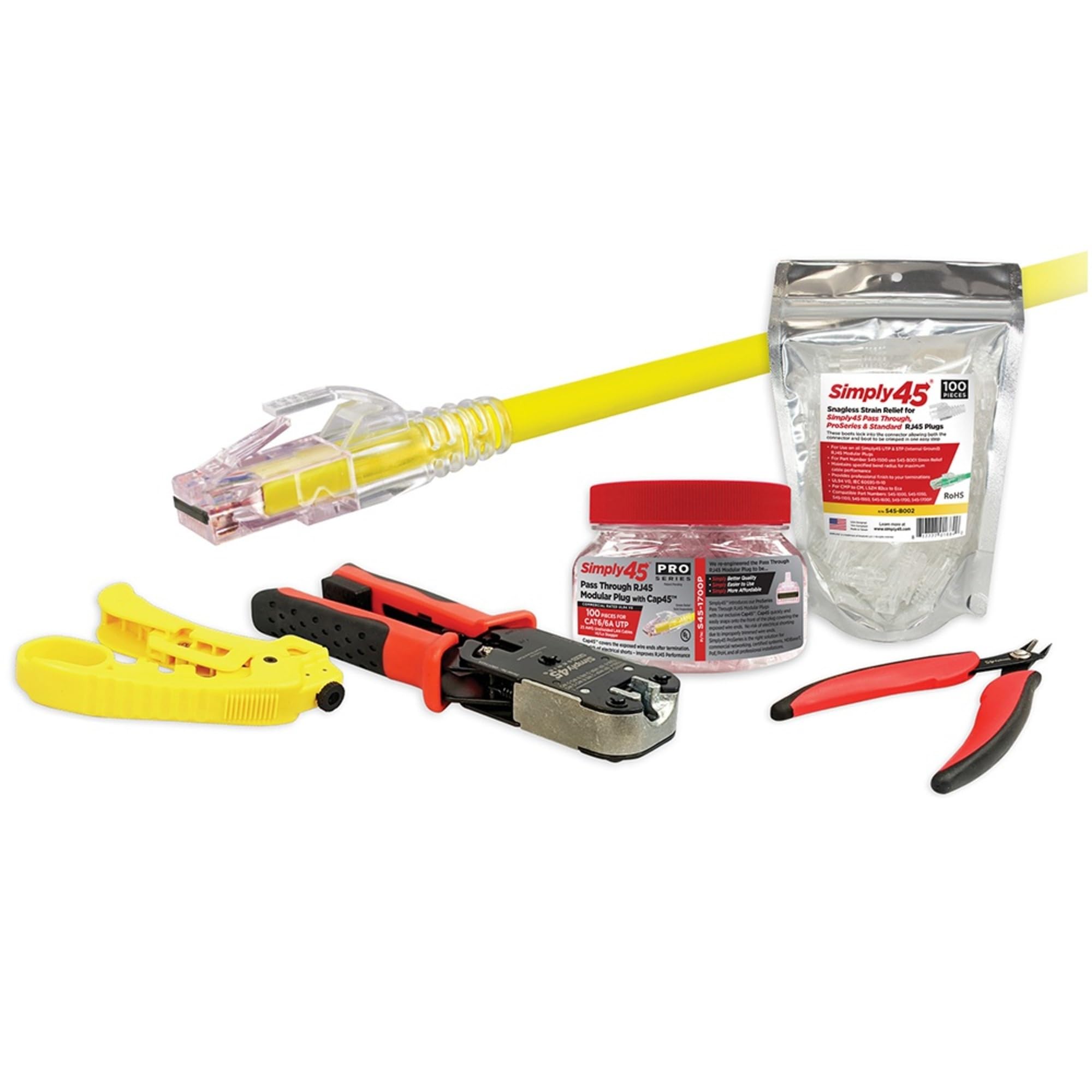 Simply45 Proseries Cat6/6A Utp Starter Kit   Includes Proseries Cat6/6A Unshielded Modular Plugs (100 Plugs), Flush Cutter Tool, Strain Reliefs (100 Pieces), Crimp Tool, Cable Stripper   S45 Psk6U