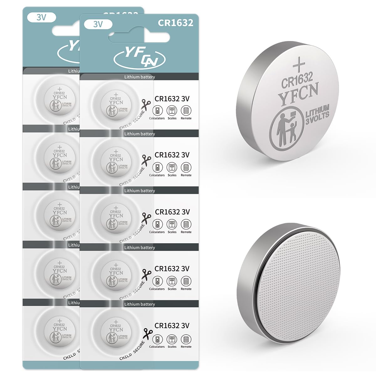 YFCN CR1632 Battery 3V Lithium Battery 10 Count Pack CR1632 Batteries for Car Key Fob, Keyless Remote, Sensors - CR 1632 Coin Ce