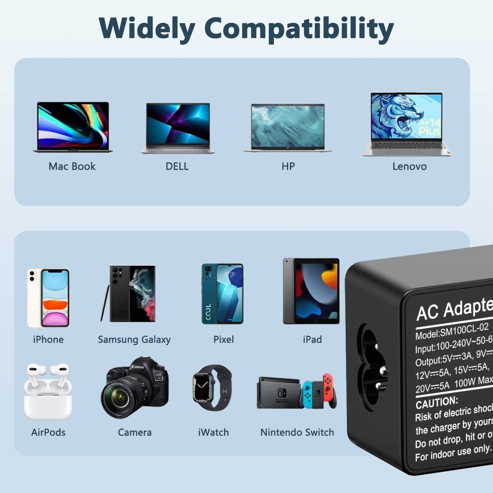 100W Universal Usb C Power Adapter Fast Charger,Compatible With Mac Book Pro/Air 16, 15, 14, 13 Inch,Mac Book Air 13 Inch 2021 2020 2019 2018,Ipad Pro,Hp, Dell, Lenovo,Asus And All Usb C Device