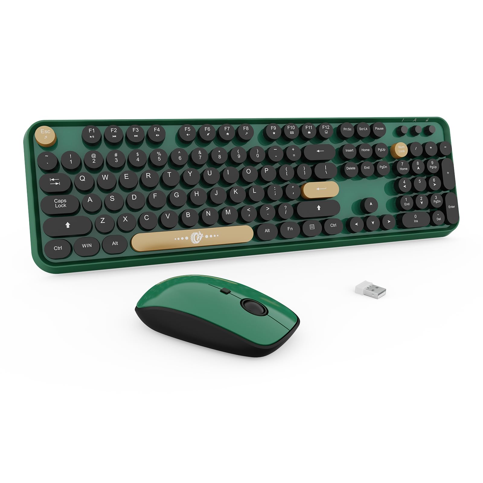 Green Wireless Keyboard and Mouse Combo,Full Size Colorful Retro Round Keys