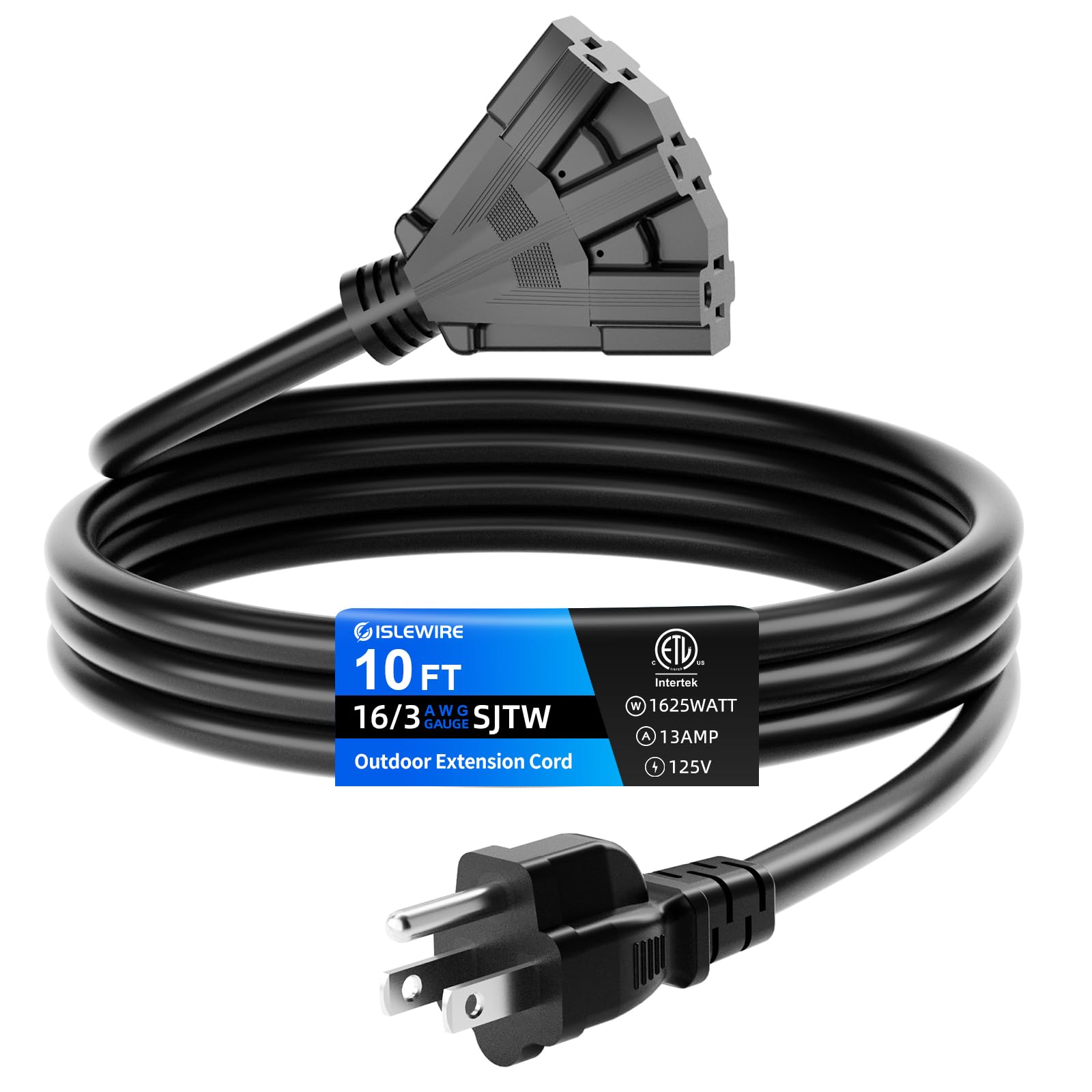 Islewire 10 Ft 3 Outlet Outdoor Extension Cord Waterproof, 16/3 Sjtw Black Extension Cord With Multiple Outlets, Heavy Duty 16 G