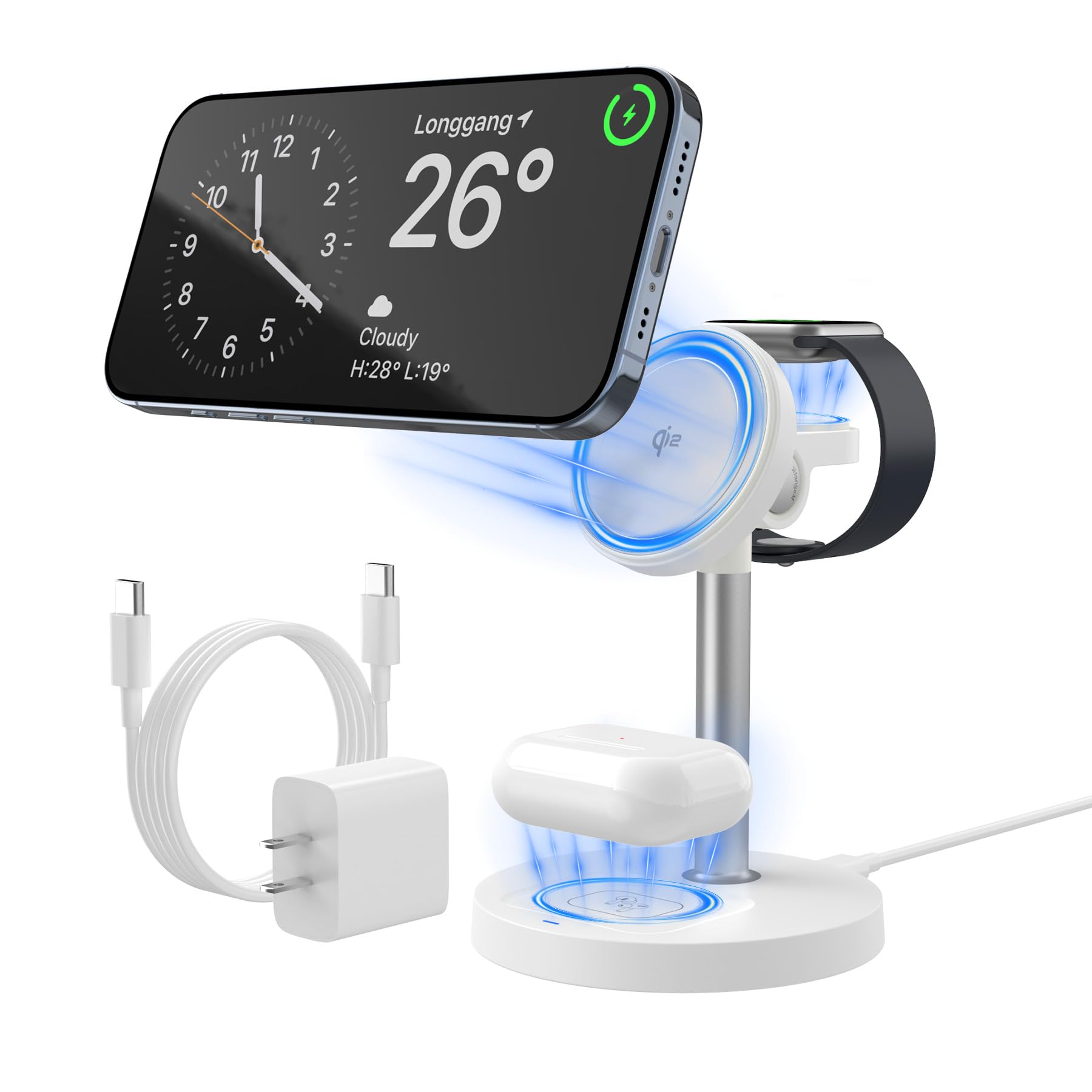 3 in 1 Wireless Charging Station Qi2 Mag-Safe Charger for Apple, 15W Fast Wireless Charger Stand for iPhone 16/15/14/13/12, Watc