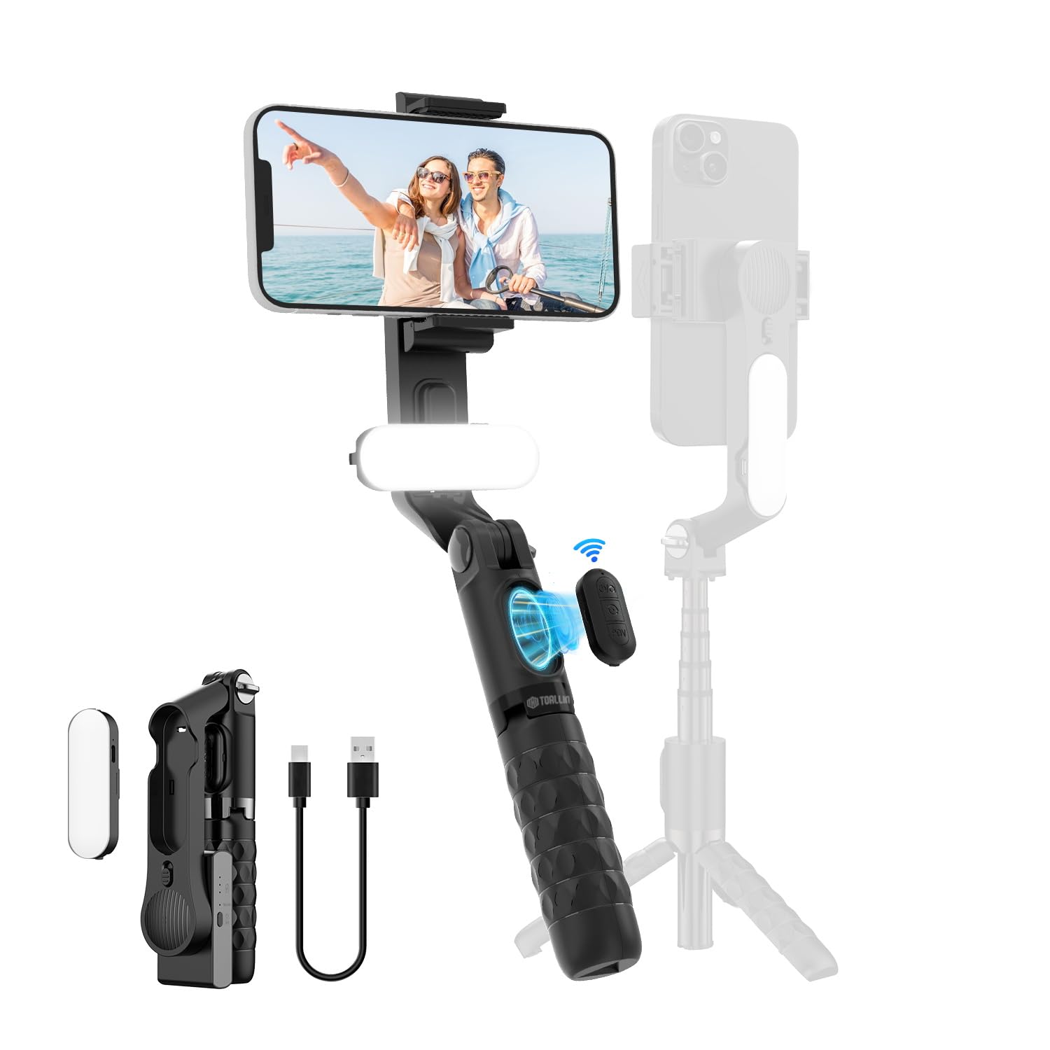 TOALLIN Gimbal Stabilizer for Smartphone, with Adjustable Fill Light, Remote Control, Retractable and Foldable Selfie Stick for 