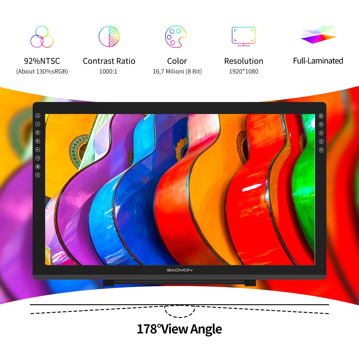 Gaomon Pd2200 Drawing Tablet With Screen, Full Laminated Digital Art Tablet With 8 Touch Buttons, Battery Free Stylus, Tilt, 130