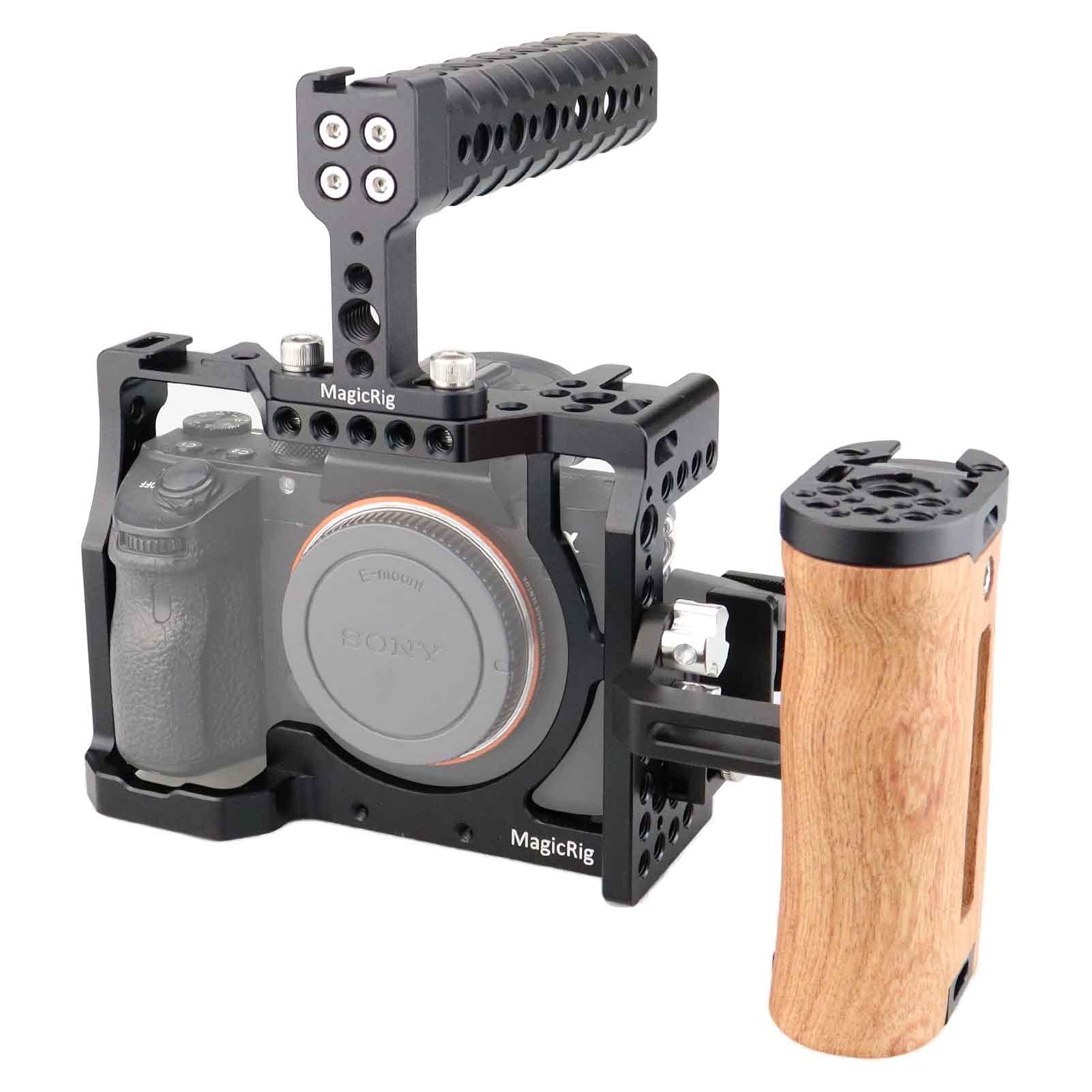 Magicrig Camera Cage Kit For Sony A7Iii Series,With Top Handle Grip Wooden Side Handle Hdmi Cable Clamp Lock,Built In Cold Shoe