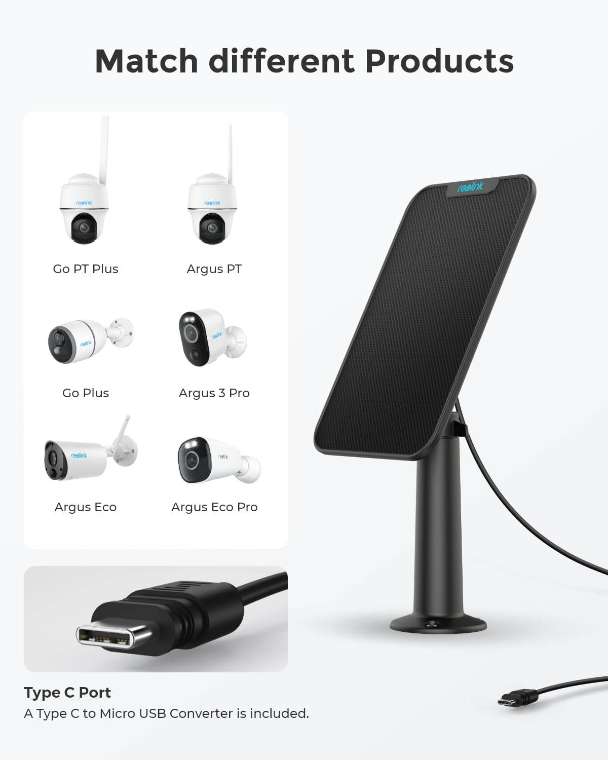 Reolink 3W Solar Panel Power Designed For Wireless Outdoor Security Camera Solar Powered Cameras, 6V Type C Port, Compatible With Argus Eco/Go Pt Plus/Argus 3 Pro/Argus Pt, Non Stop Charging (Black)