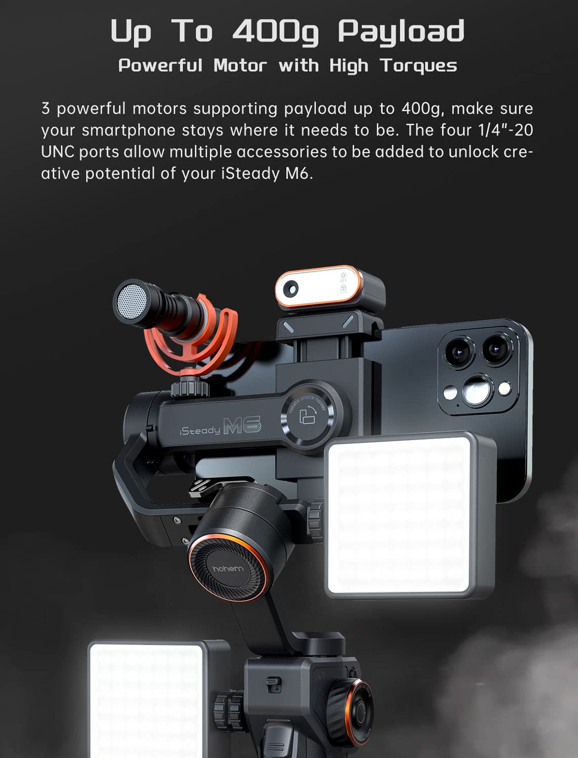 Hohem Isteady M6 Kit Smartphone Gimbal Stabilizer 3 Axis With Magnetic Fill Light/Ai Tracking Sensor For Iphone Android With 0.91 Inch Oled Display Max Payload 400G