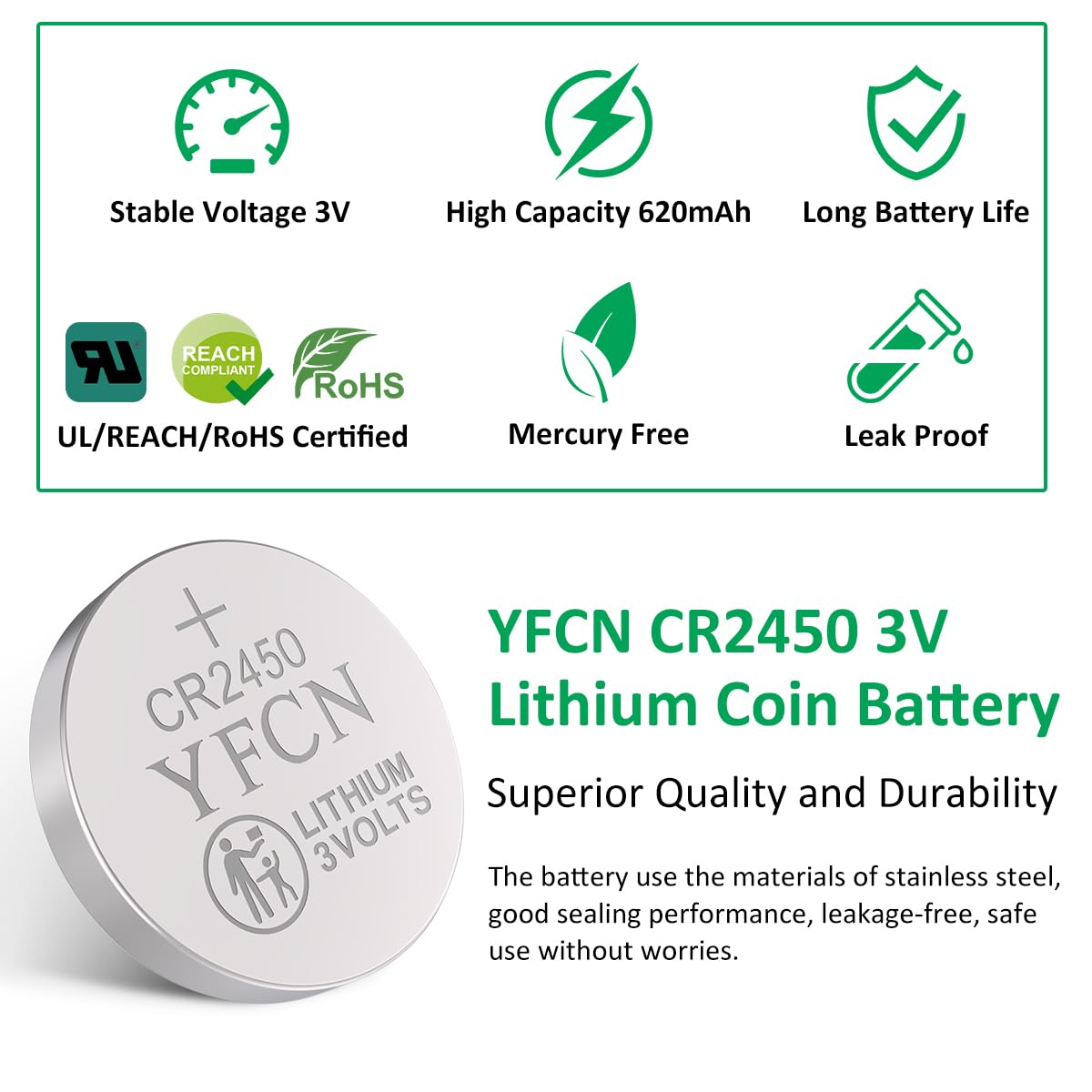 Yfcn Cr2450 Battery 3V 2450 Lithium Battery 10 Count Pack Cr2450 Batteries - 10 Years Shelf Life - Cr 2450 Coin Cell Batteries F