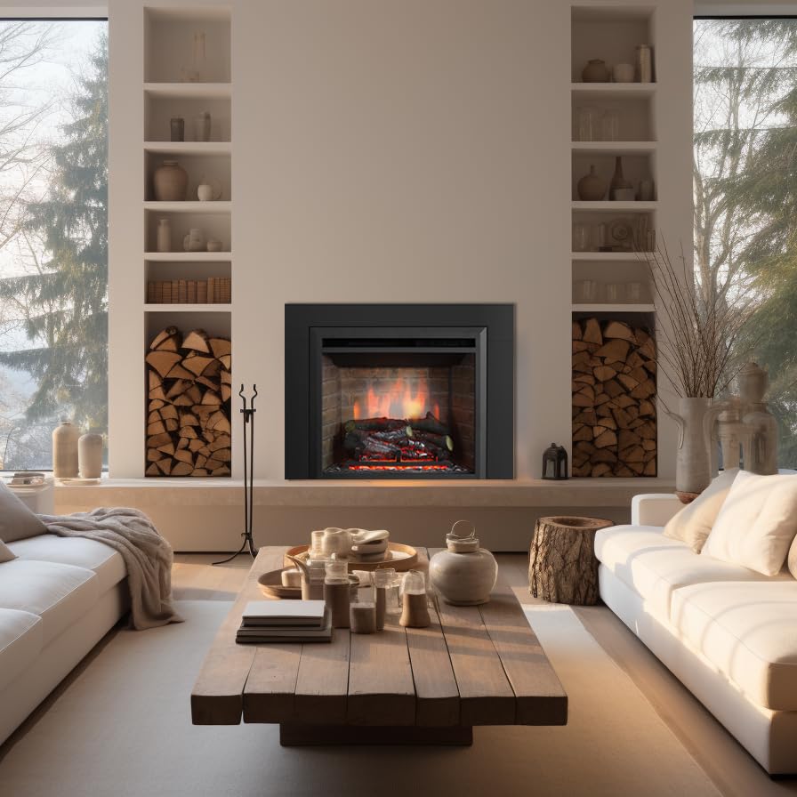 Puraflame Western 23'' Electric Fireplace Insert With Trim Kit, Fire Crackling Sound, Resin Log, Remote Control, 750/1500W Heate