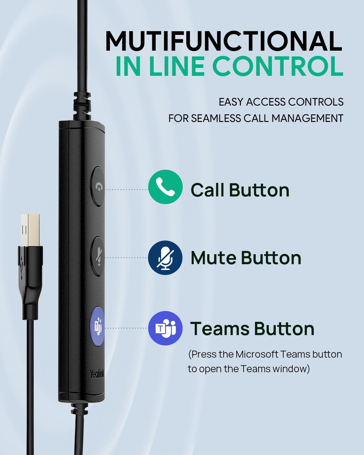 Yealink Uh34 Usb Headset With Mic,Usb-A 3.5Mm Jack Wired Headphones With Noise Cancelling Microphone,In-Line Control For Mac Pc