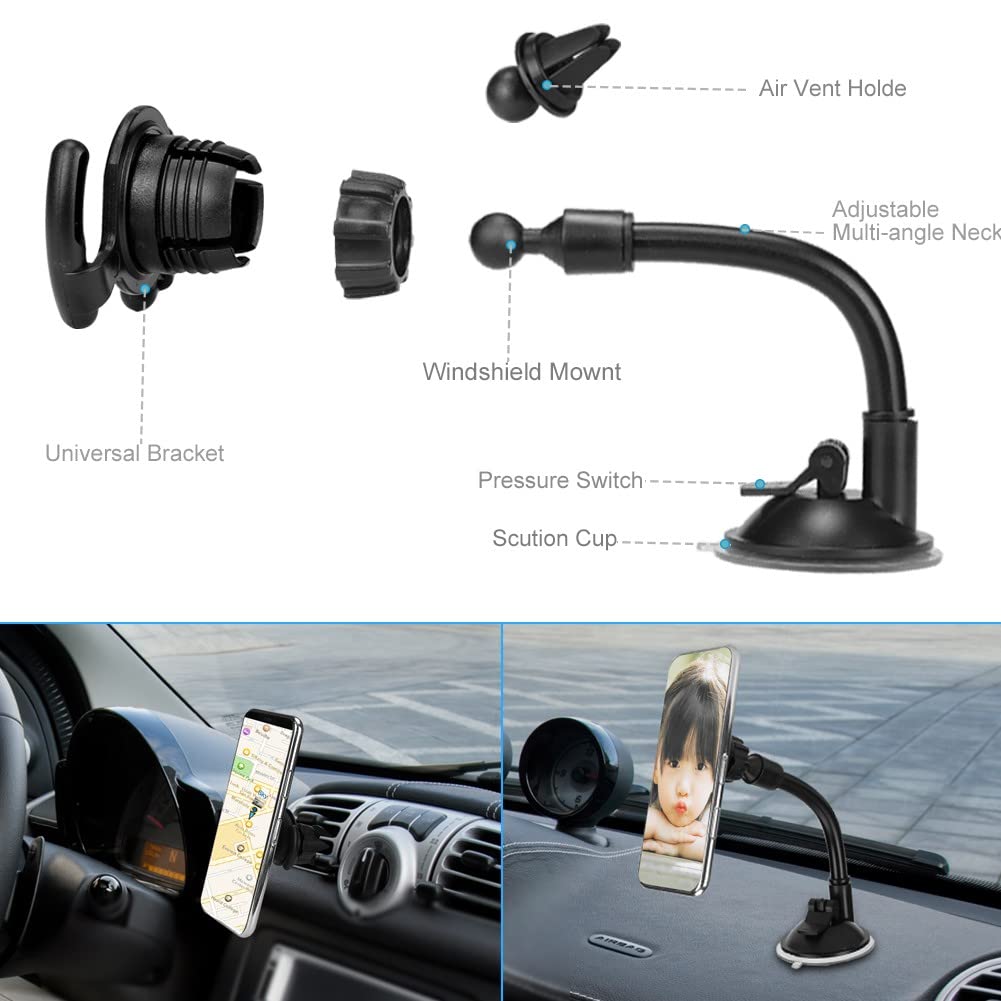 Loyaforba Car Phone Mount, Universal Phone Holder For Car Cell Phone, 360 Degrees Dashboard Desk Wall Bracket For Gps Navigation