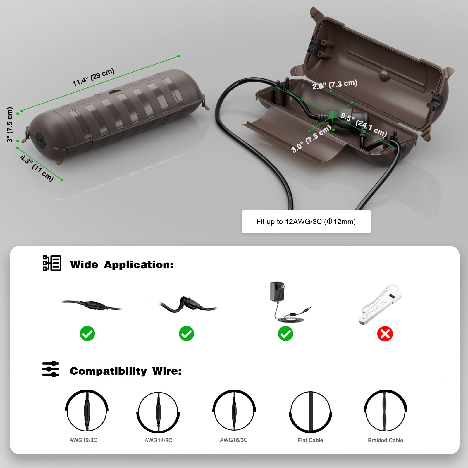 Outdoor Extension Cord Safety Cover With Waterproof Protector Seal, Weatherproof Electrical Connection Box, Brown