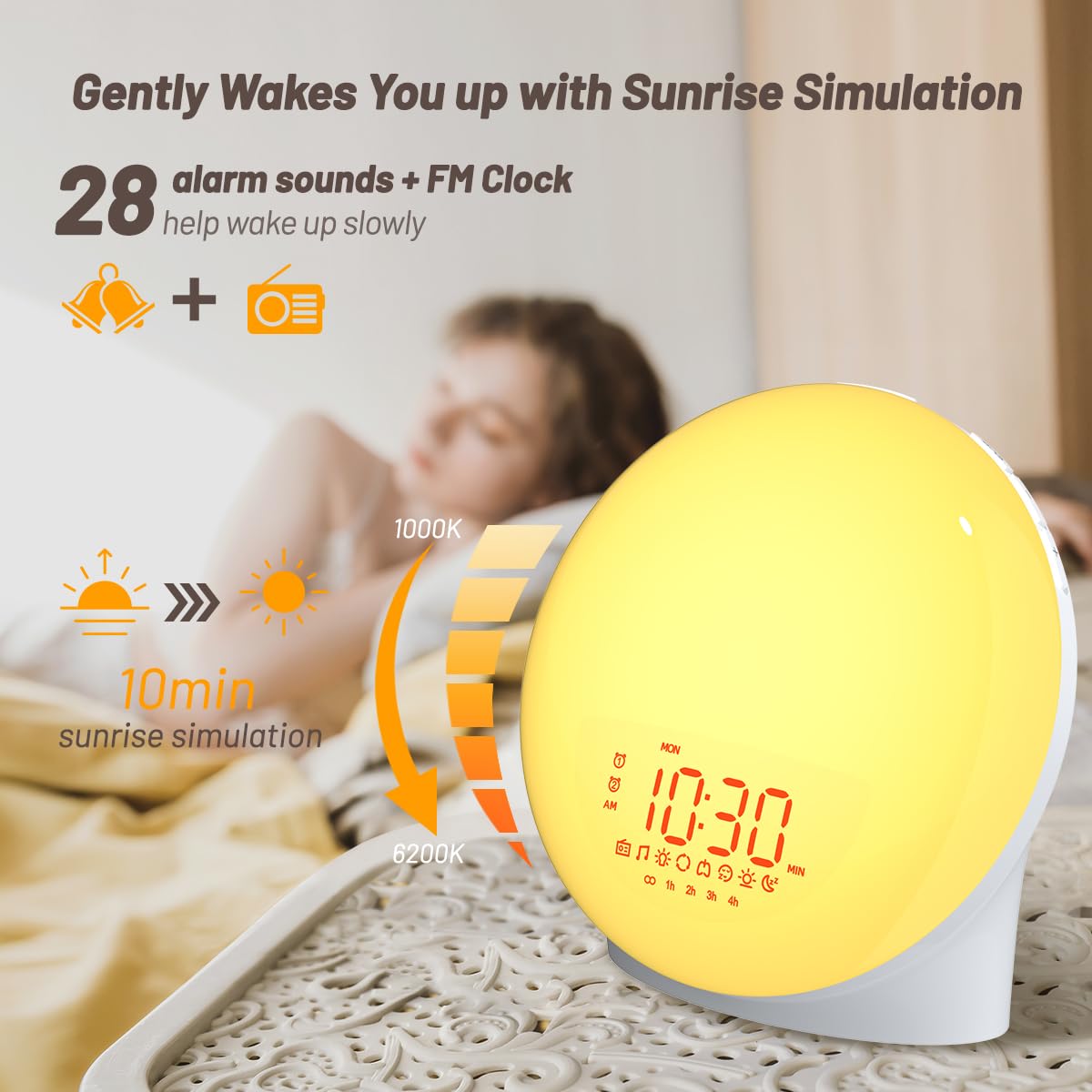 Ieasy Wake Up Light Sunrise Alarm Clock For Everyone, Sunrise Sunset Simulation, Sleep Aid, Dual Alarms, Fm Radio, Snooze, Night