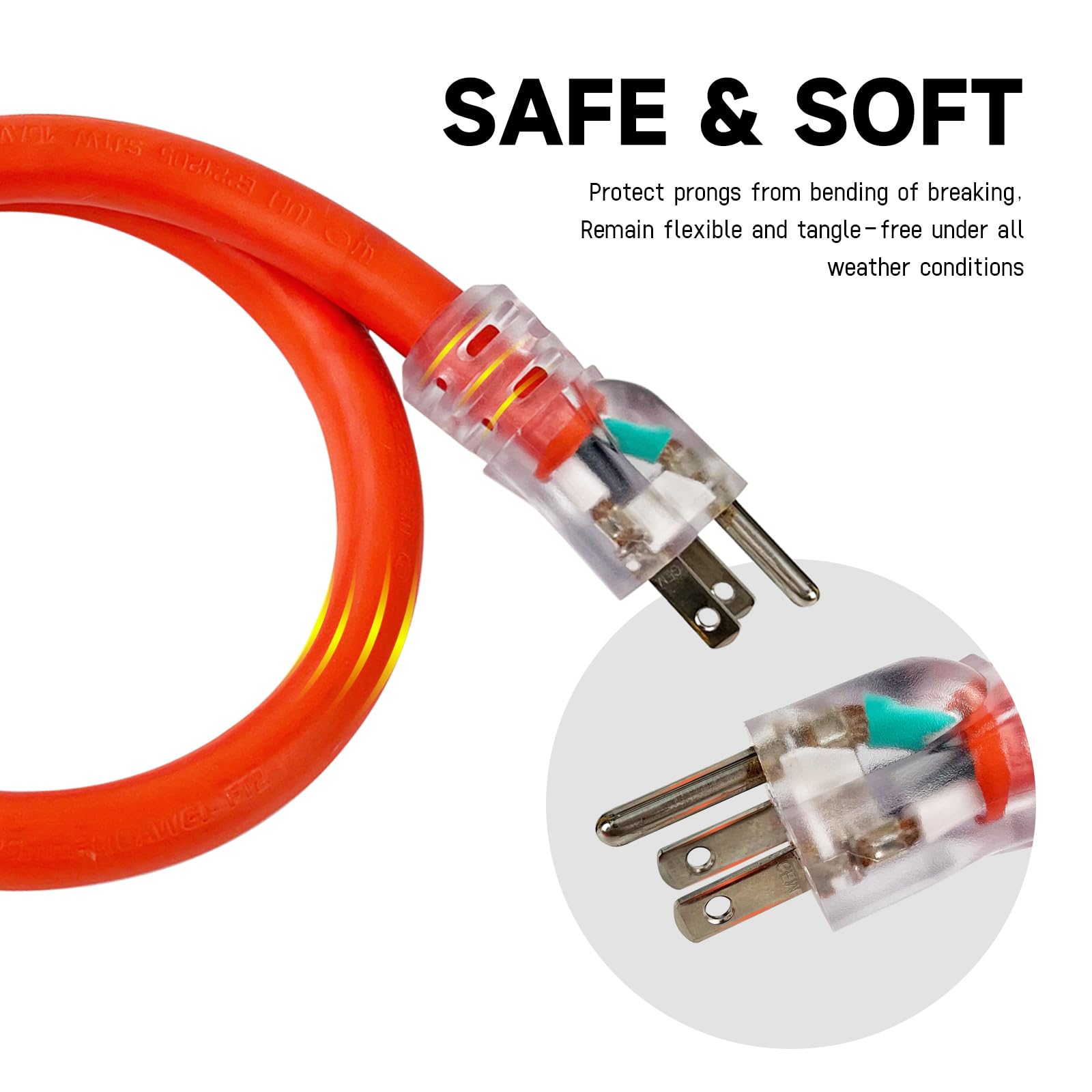 Ep 10 Ft Lighted Outdoor Extension Cord   10/3 Sjtw Heavy Duty Orange Extension Cable With 3 Prong Grounded Plug For Safety, Ul