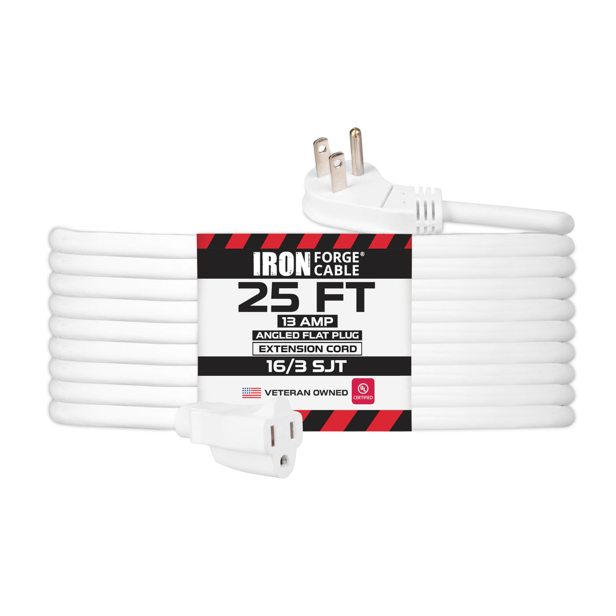Iron Forge Cable 25 Ft Angled Flat Plug White Extension Cord - 16/3 Sjt 3 Prong Indoor Extension Cord 13 Amp, 45 Angle Flat Plug