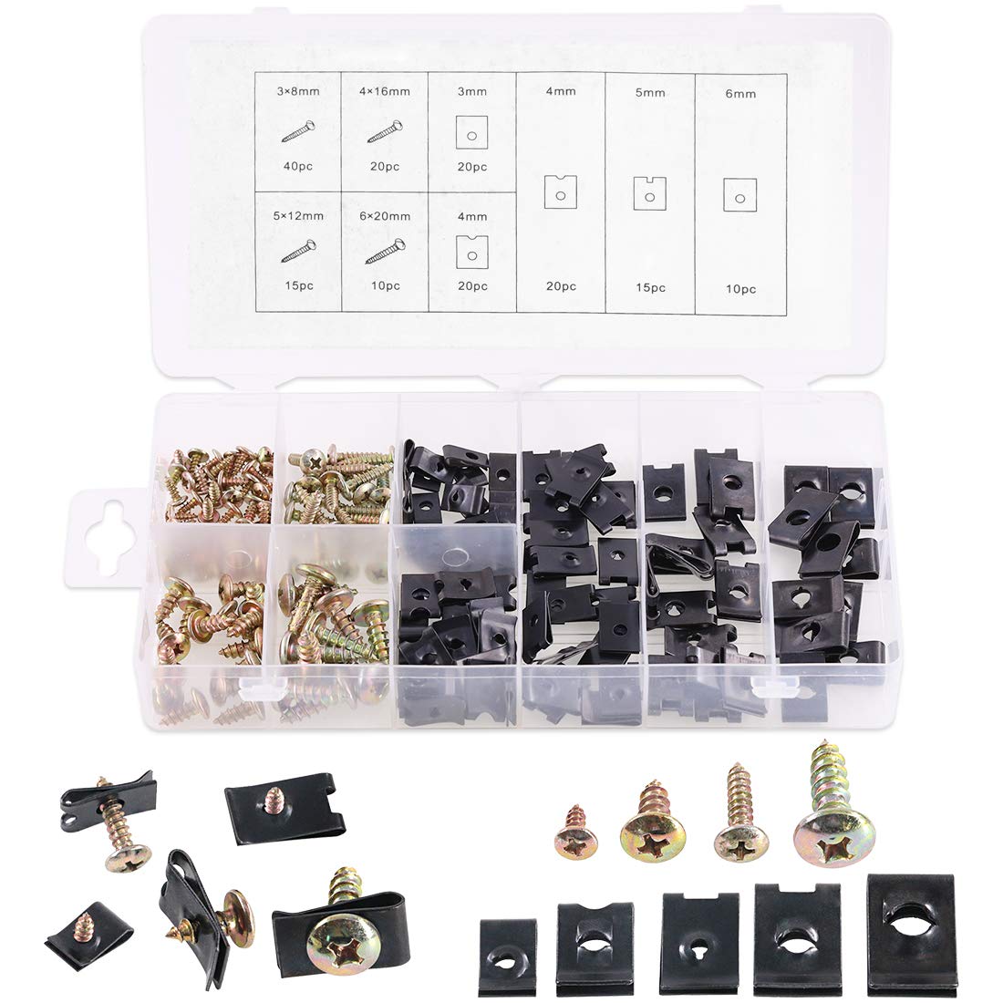 Glarks 170Pieces U Clip And Screw Assortment, 5 Size U Style Clip On Nut With Mounting Screws Kit For Securing Wires And Cables
