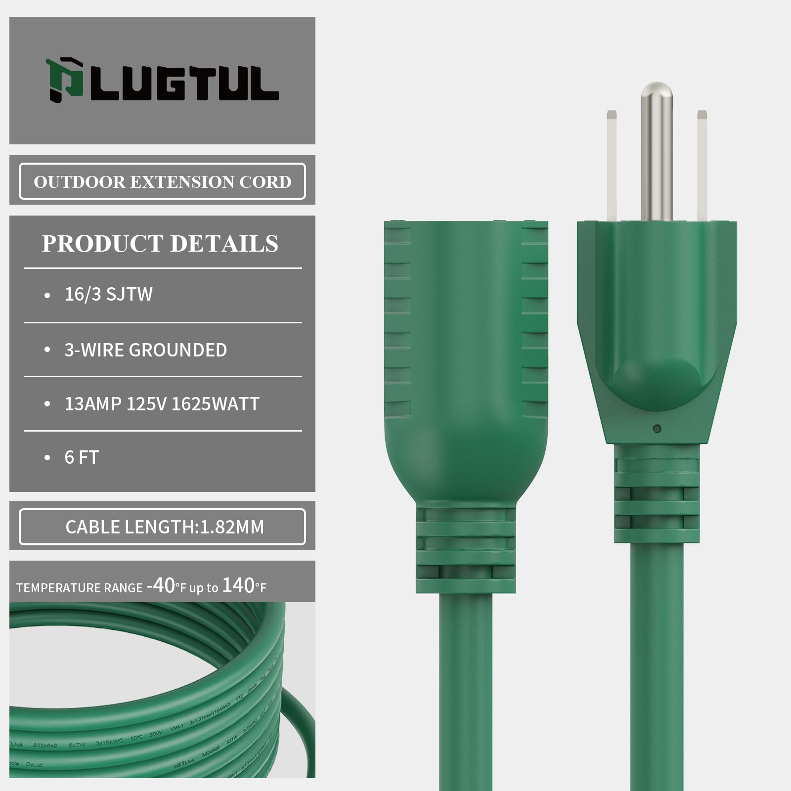Plugtul 6 Ft Outdoor Extension Cord Waterproof 16/3 Gauge Green Heavy Duty 3 Prong Extension Cord, 13A 1625W Sjtw, Etl Listed, G