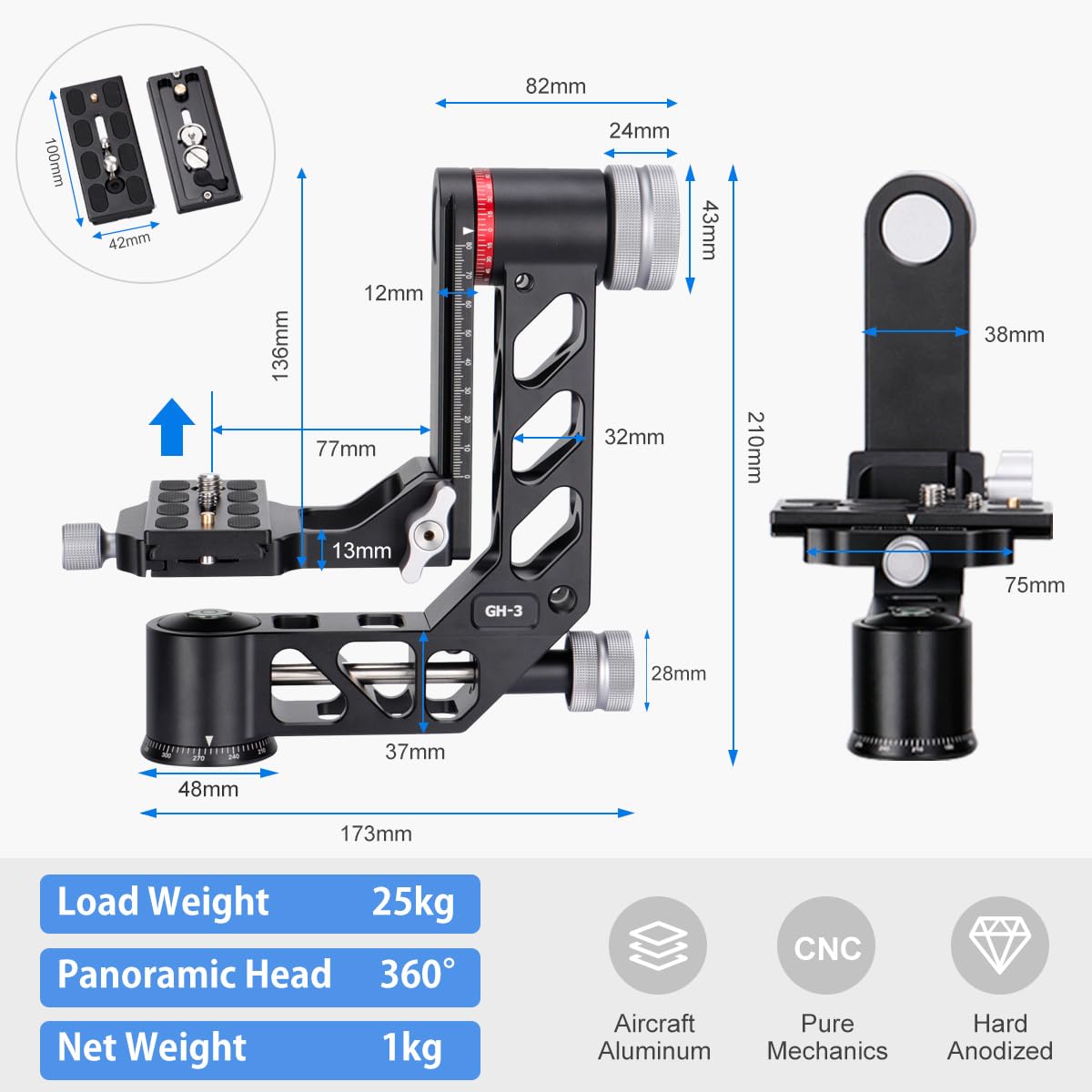 Koolehaoda Professional Gimbal Head Tripod Head Aluminum Alloy Heavy Duty 360    Panoramic With Arca Swiss Standard 1/4 Inch Qr