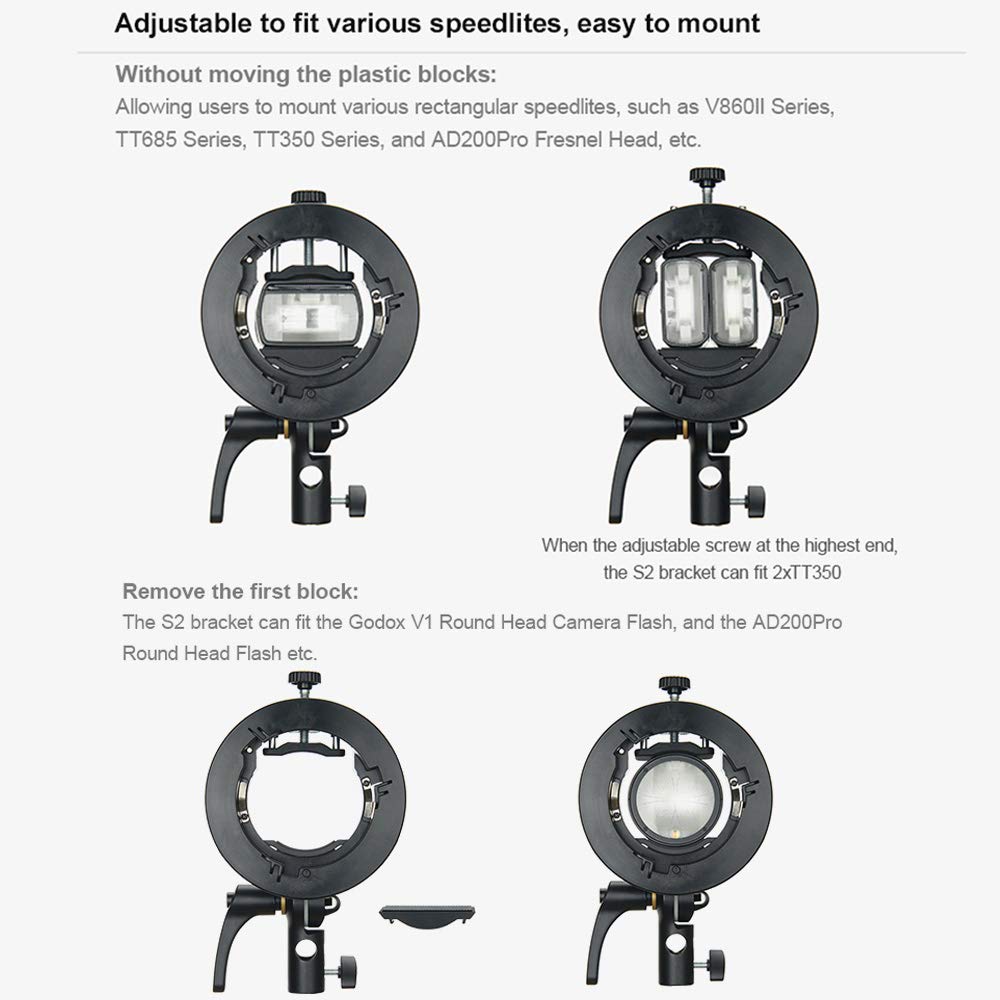 Godox S2 Speedlite S-Type Bracket Bowens Mount Flash Holder For Godox V1 Ad200Pro Ad400Pro Ad200 And Other Flashes, Precise Tilt